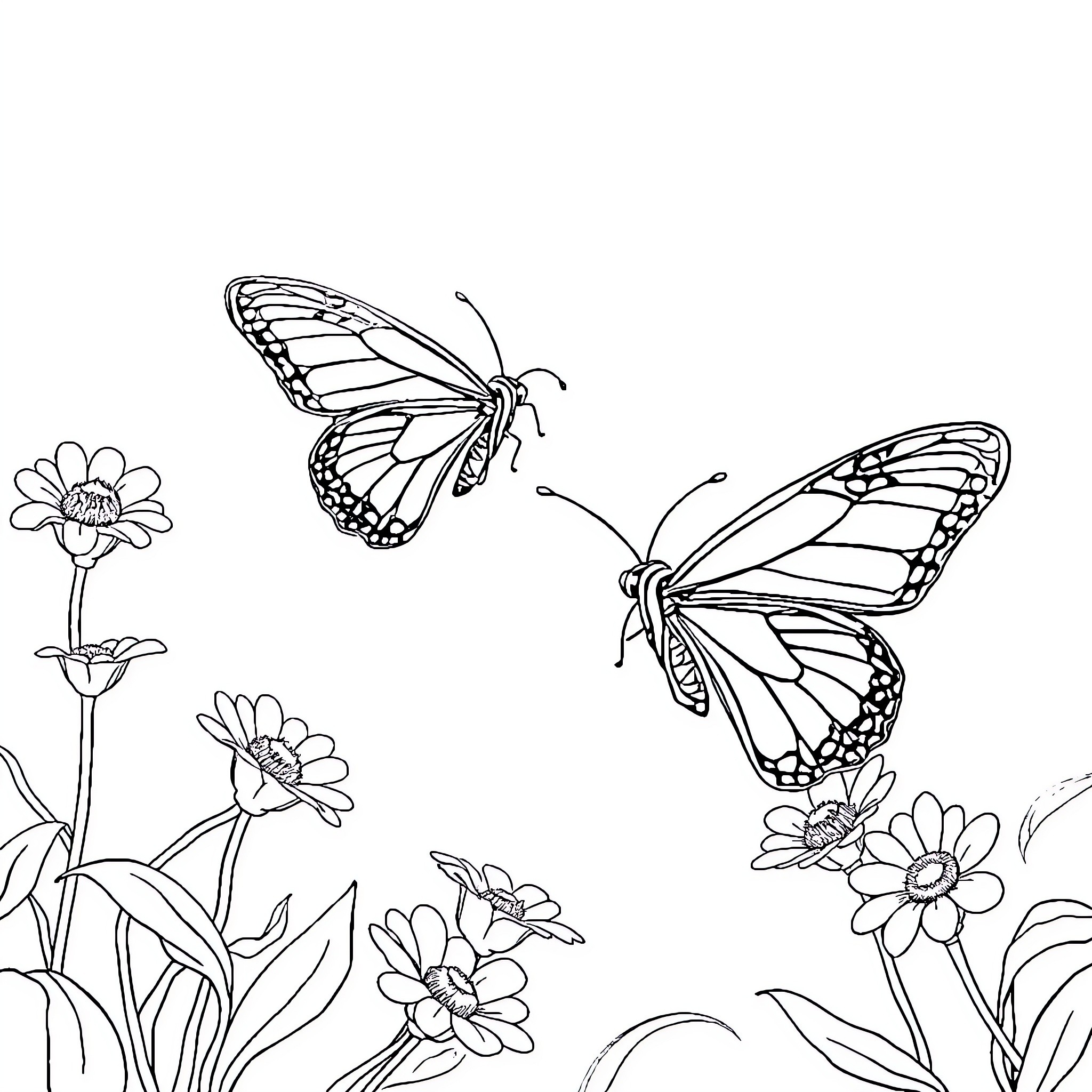 Butterflies dancing among floral blooms Coloring Page (free black-and-white line drawing printable PDF for all, from beginners to advanced learners, including children, teens, adults, and seniors)