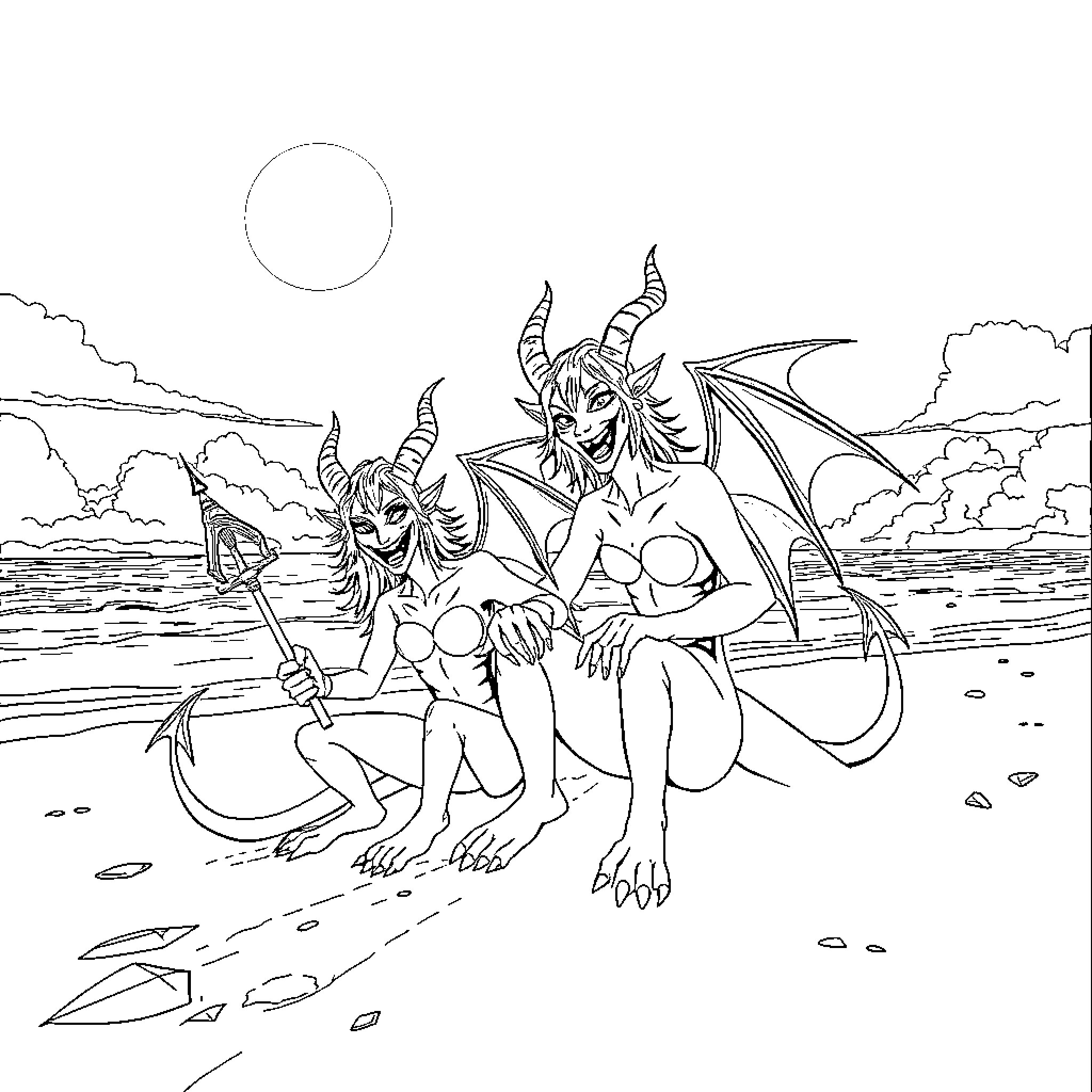 Demon Creatures Enjoying Beachside Adventure Coloring Page (free black-and-white line drawing printable PDF for all, from beginners to advanced learners, including children, teens, adults, and seniors)