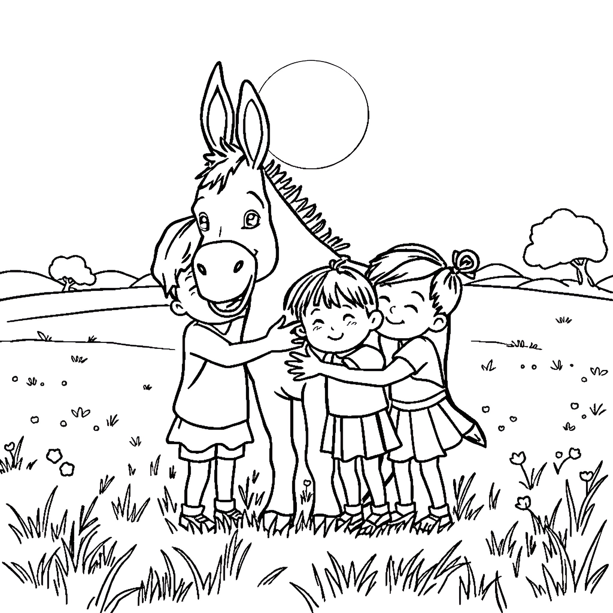 Donkey and friends playing in the countryside Coloring Page (free black-and-white line drawing printable PDF for all, from beginners to advanced learners, including children, teens, adults, and seniors)