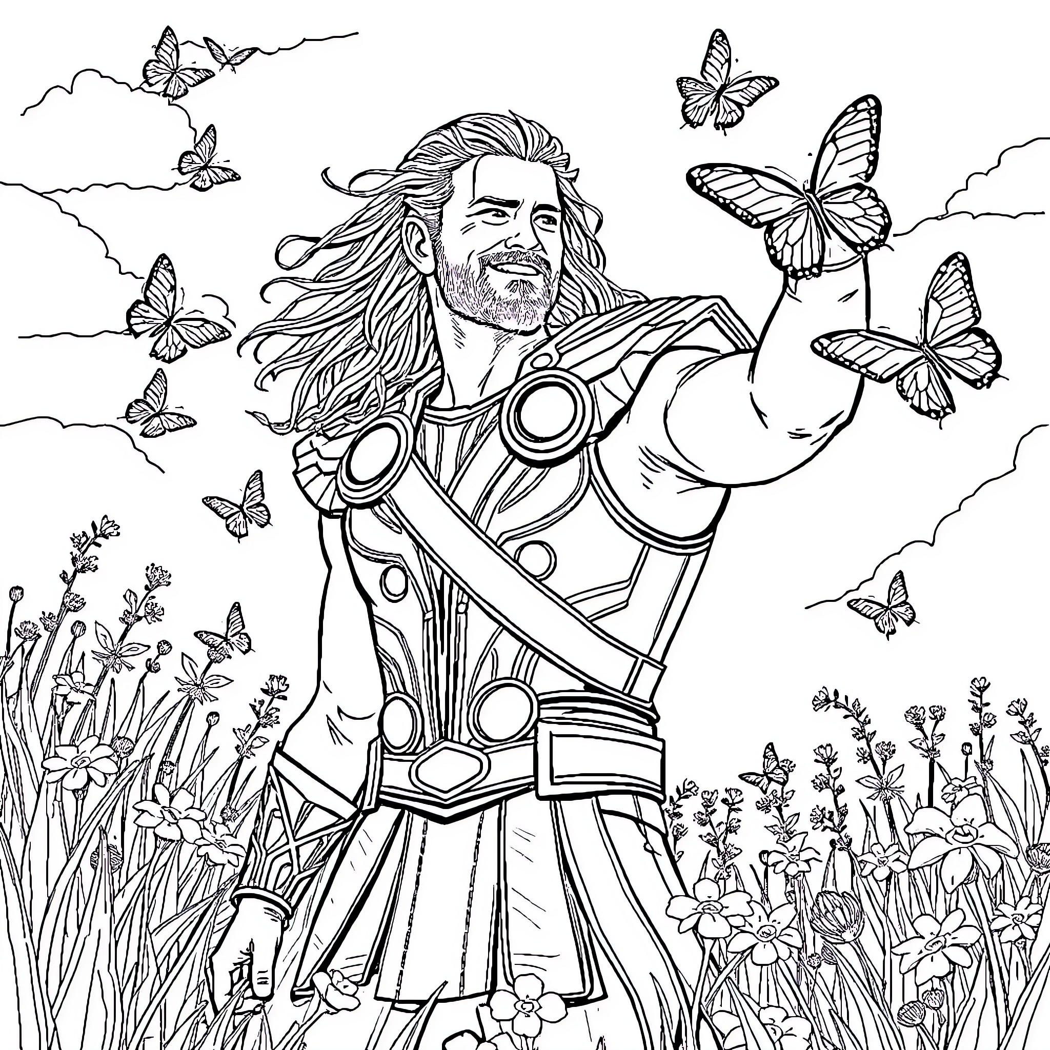 Liam Hemsworth as Thor amid butterflies and nature Coloring Page (free black-and-white line drawing printable PDF for all, from beginners to advanced learners, including children, teens, adults, and seniors)