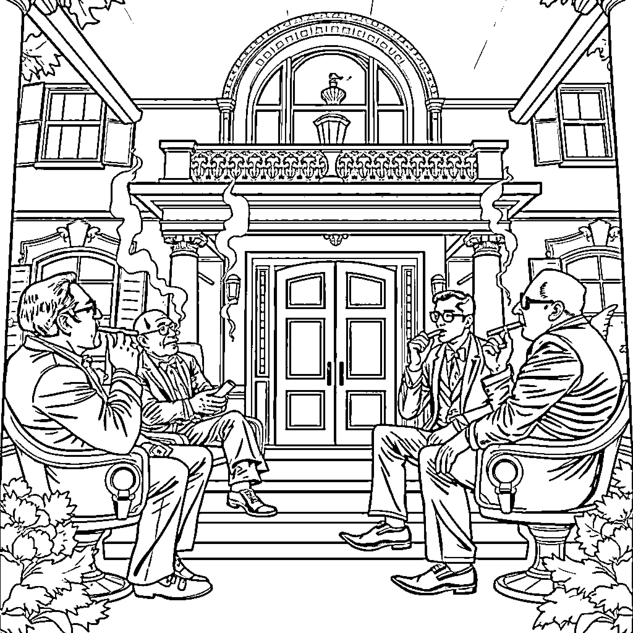 Guy in formal suits talking outside an ornate building Coloring Page (free black-and-white line drawing printable PDF for all, from beginners to advanced learners, including children, teens, adults, and seniors)