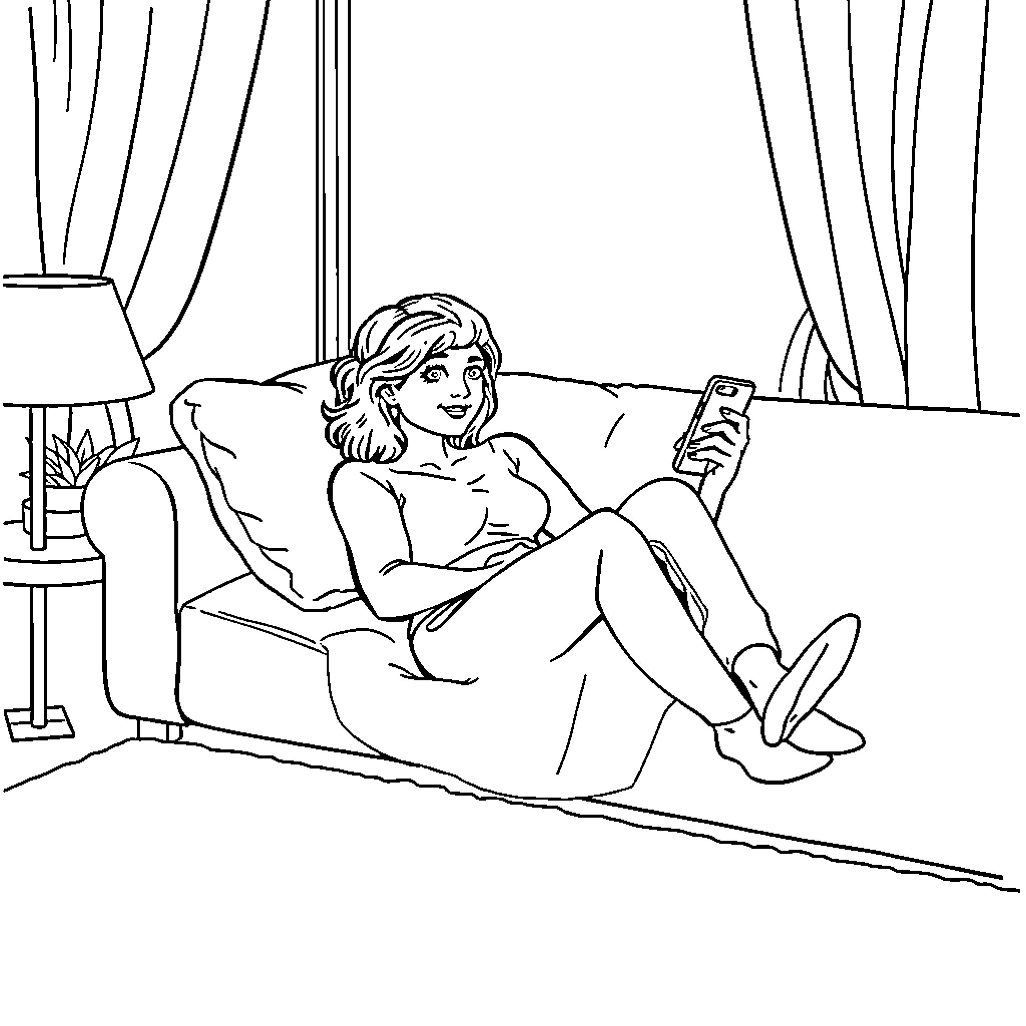 Woman relaxing and using mobile device Coloring Page (free black-and-white line drawing printable PDF for all, from beginners to advanced learners, including children, teens, adults, and seniors)