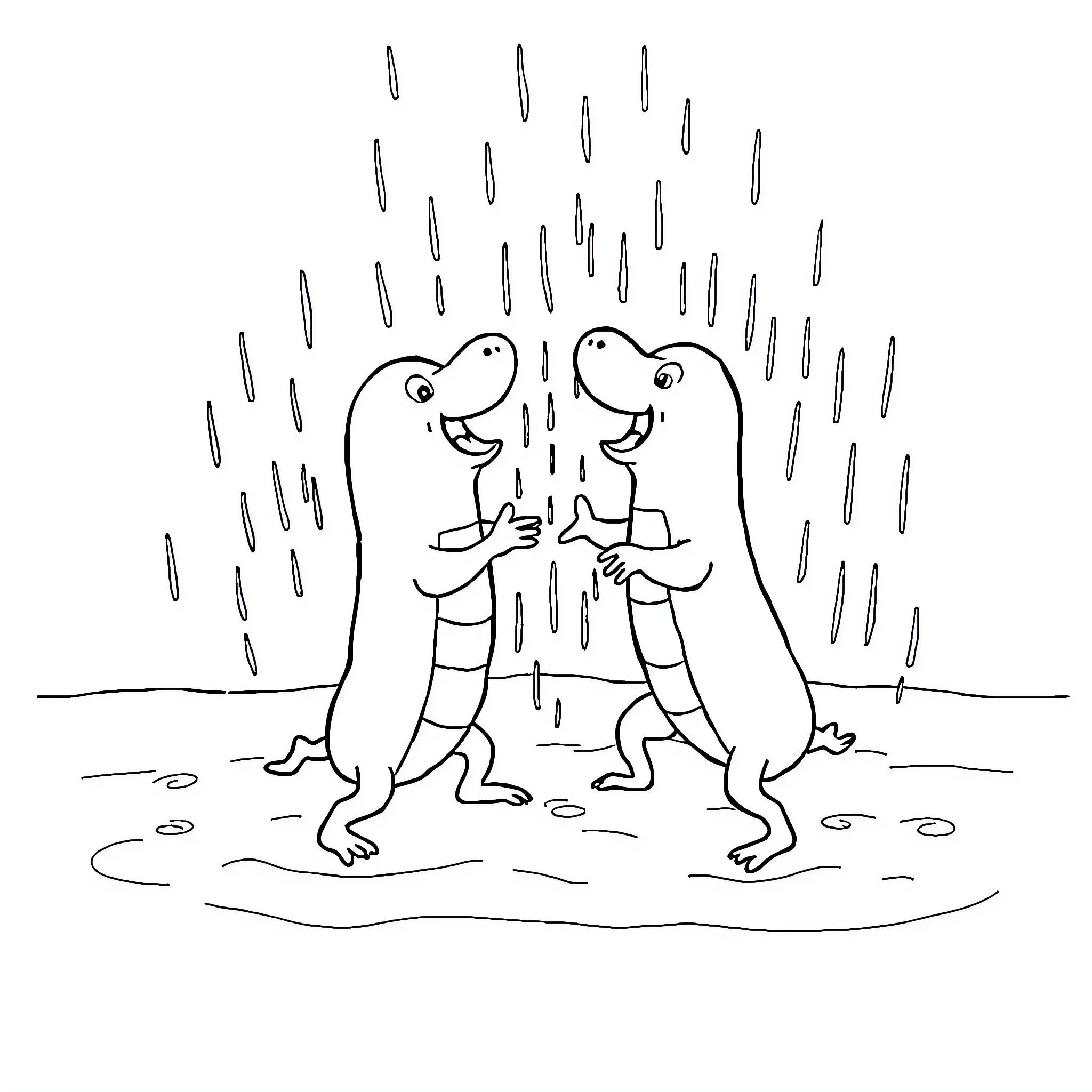 Sausage characters dancing in the rain Coloring Page (free black-and-white line drawing printable PDF for all, from beginners to advanced learners, including children, teens, adults, and seniors)