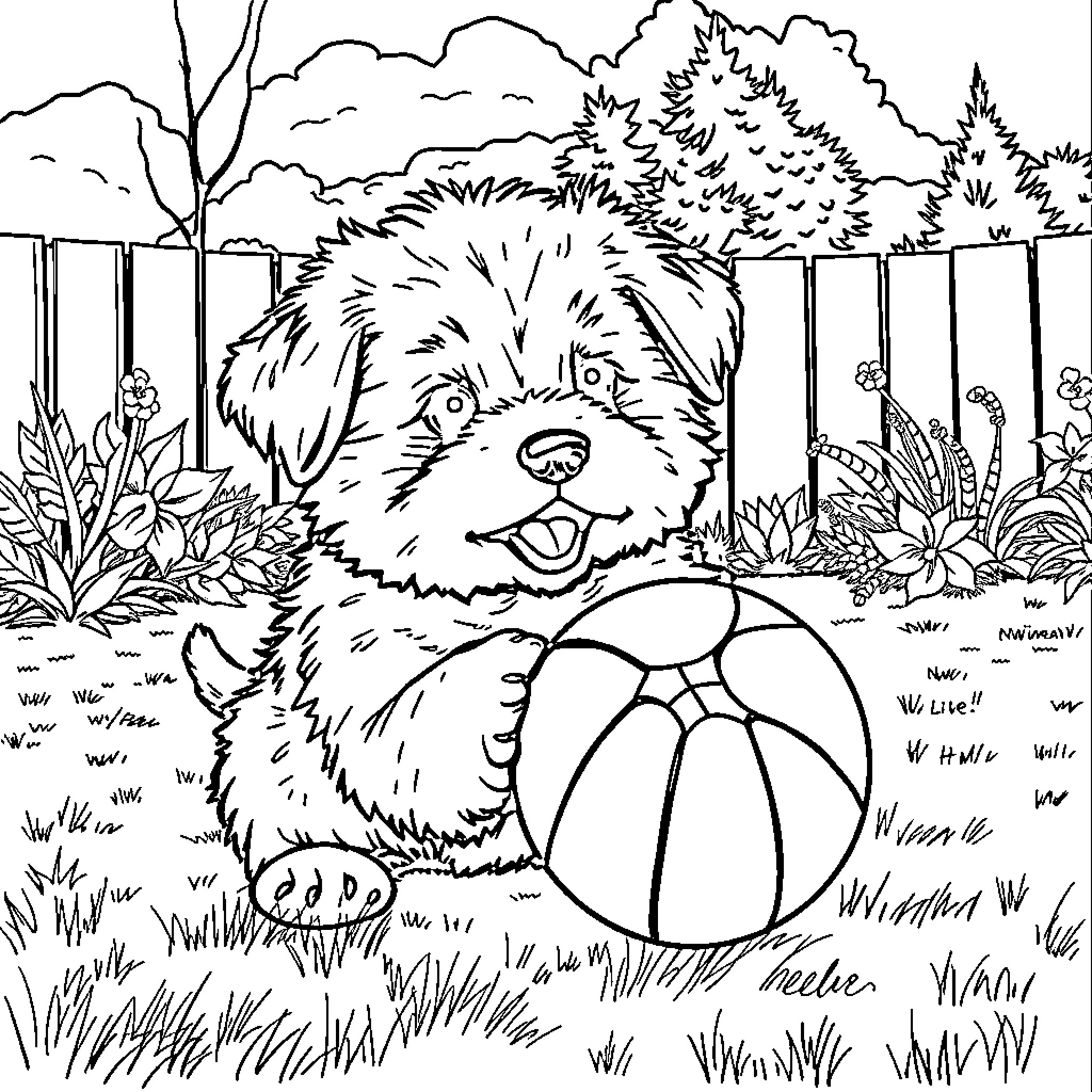 Puppy playing happily with ball in garden Coloring Page (free black-and-white line drawing printable PDF for all, from beginners to advanced learners, including children, teens, adults, and seniors)