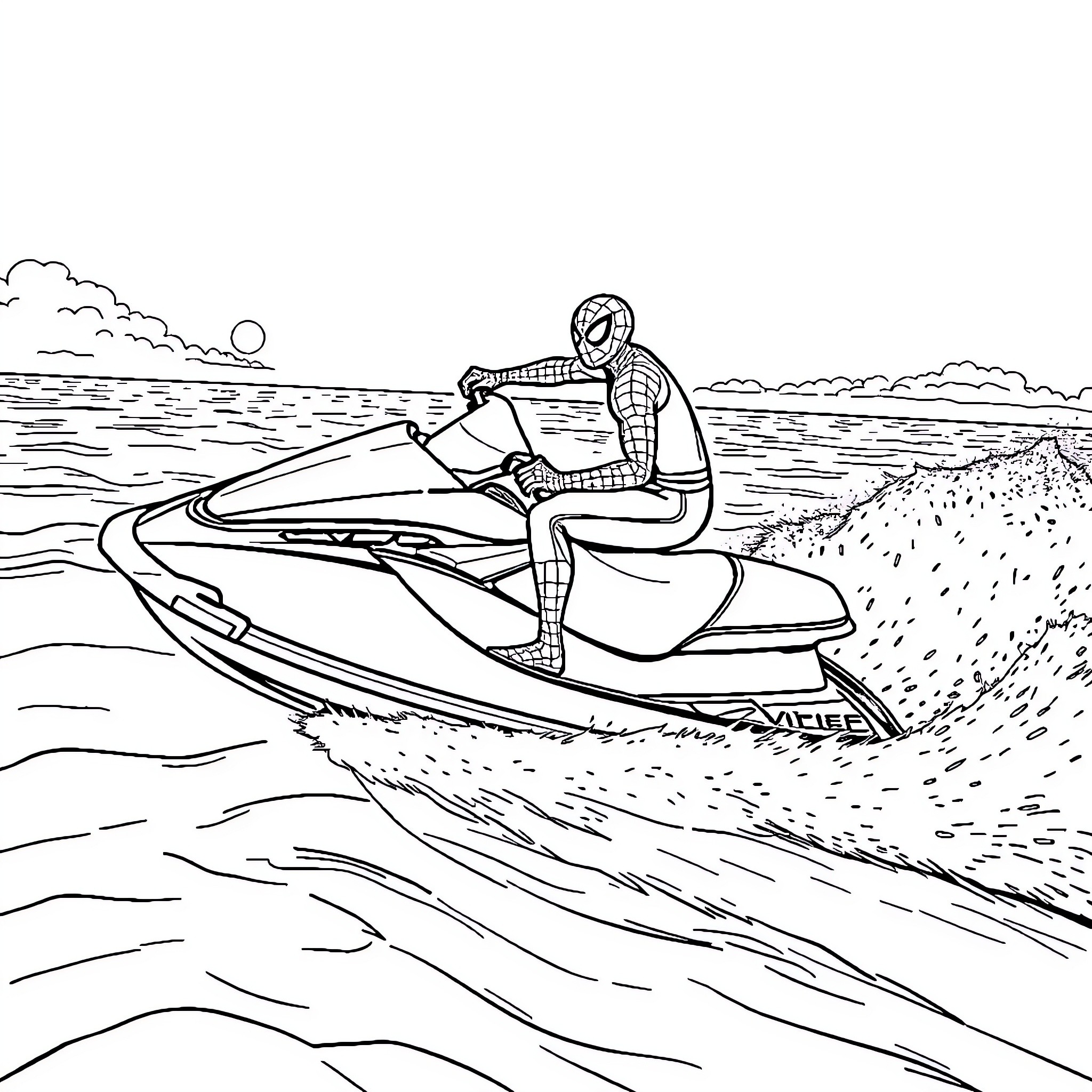 Spiderman riding a jet ski over the waves Coloring Page (free black-and-white line drawing printable PDF for all, from beginners to advanced learners, including children, teens, adults, and seniors)