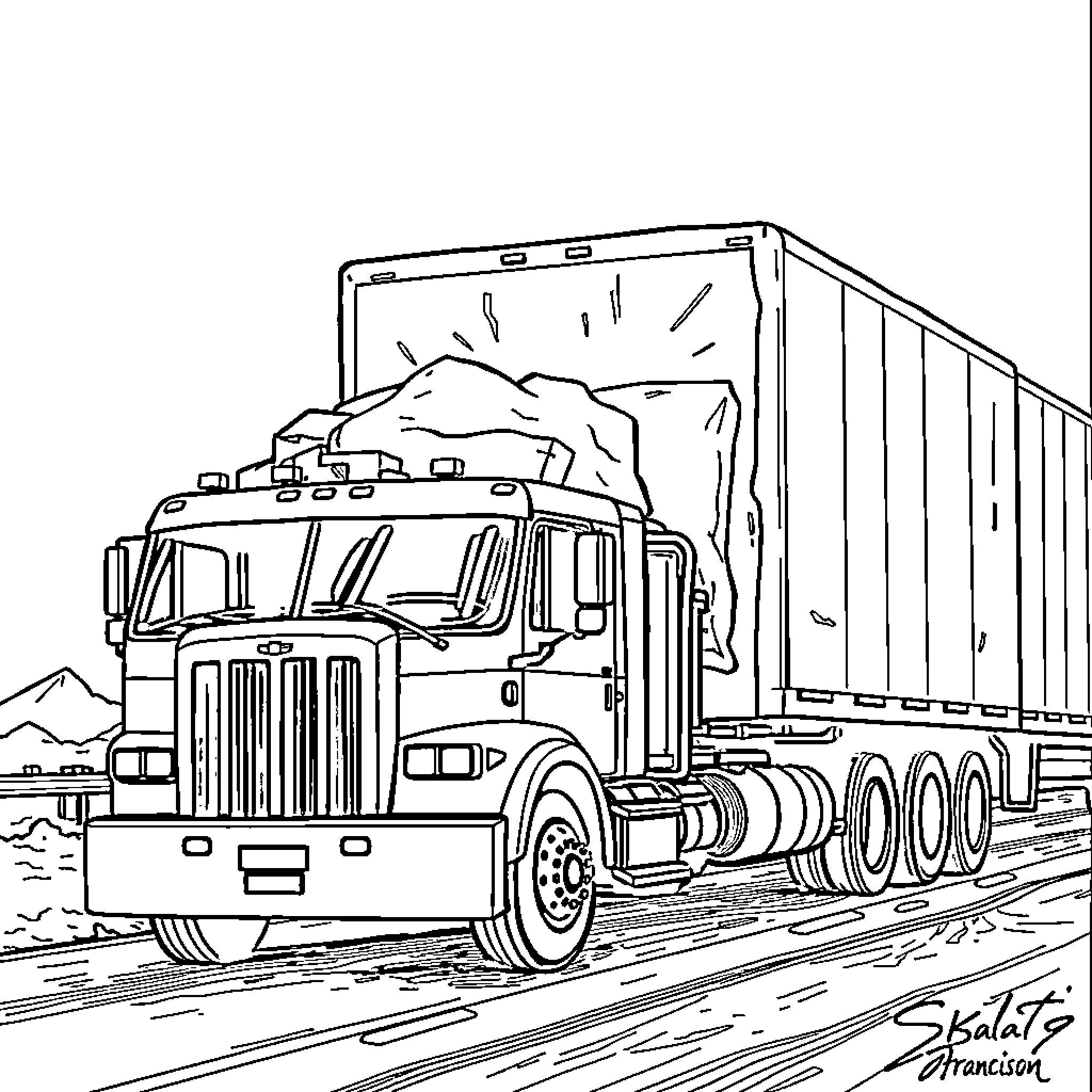 Trump's Trucking Convoy: A Journey Through the Wilderness Coloring Page (free black-and-white line drawing printable PDF for all, from beginners to advanced learners, including children, teens, adults, and seniors)