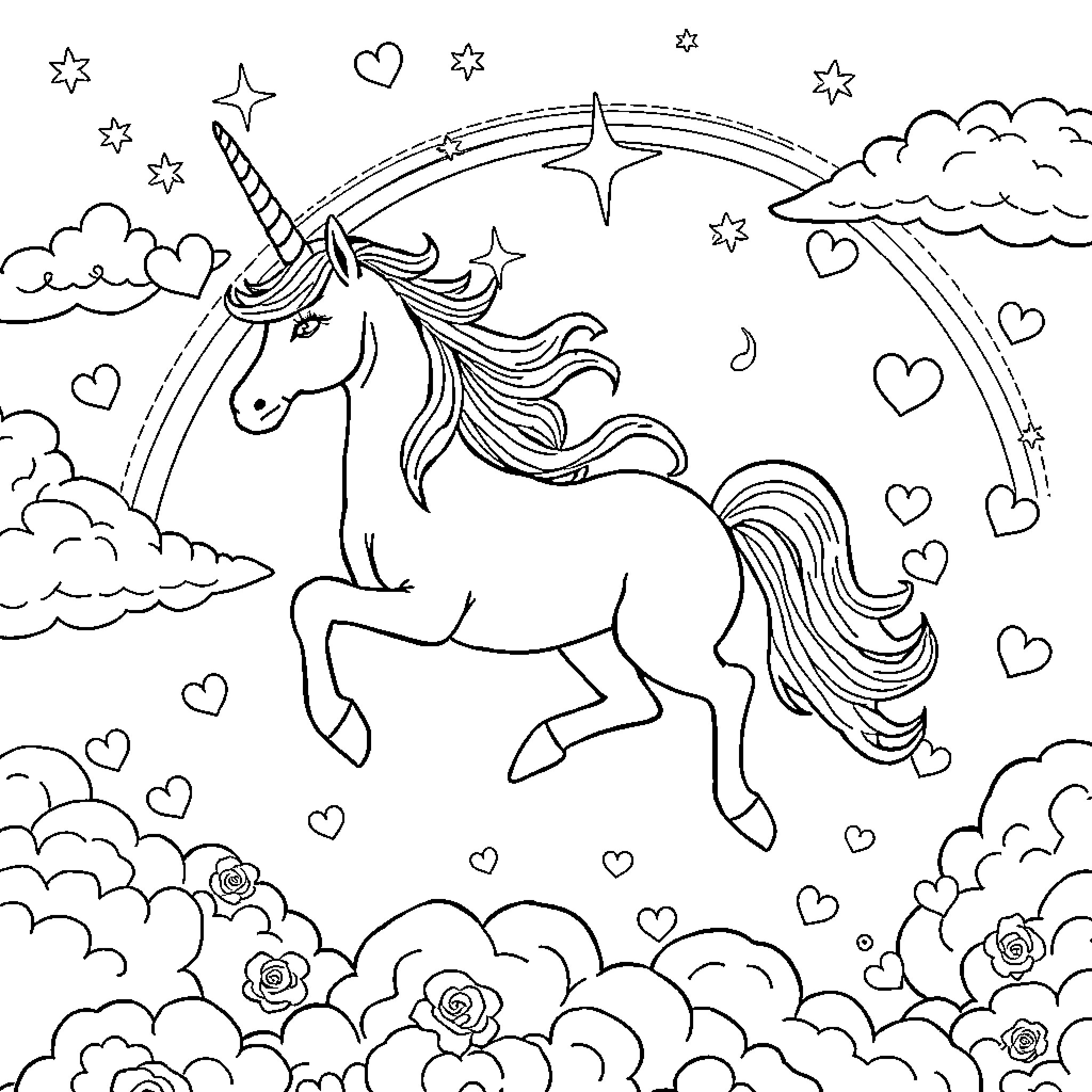 Unicorn prancing among the clouds and stars Coloring Page (free black-and-white line drawing printable PDF for all, from beginners to advanced learners, including children, teens, adults, and seniors)