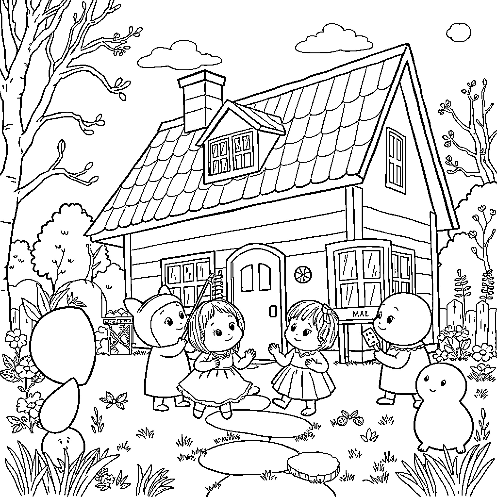 Pippi Långstrump and friends explore a charming countryside house Coloring Page (free black-and-white line drawing printable PDF for all, from beginners to advanced learners, including children, teens, adults, and seniors)