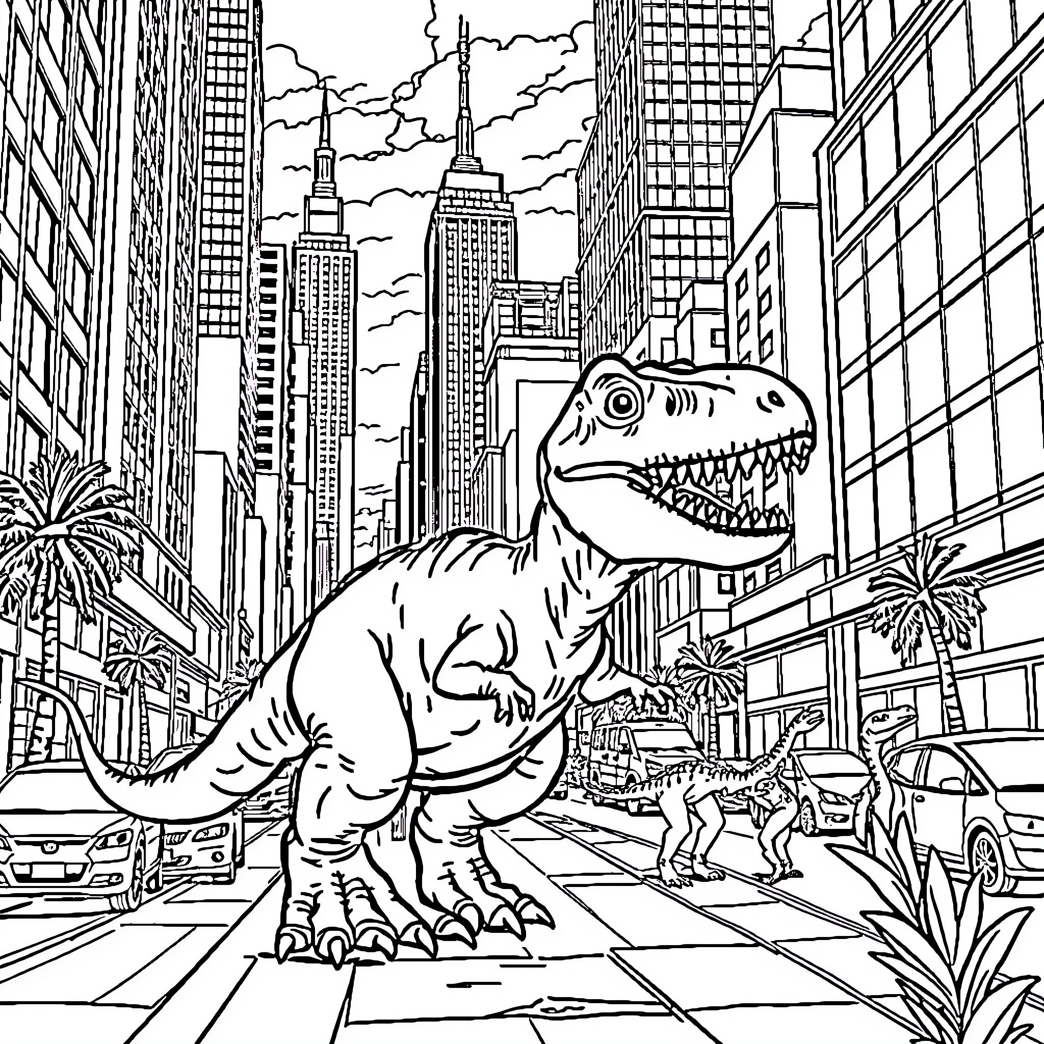 Baby T-Rex Stomping Through the City Coloring Page (free black-and-white line drawing printable PDF for all, from beginners to advanced learners, including children, teens, adults, and seniors)