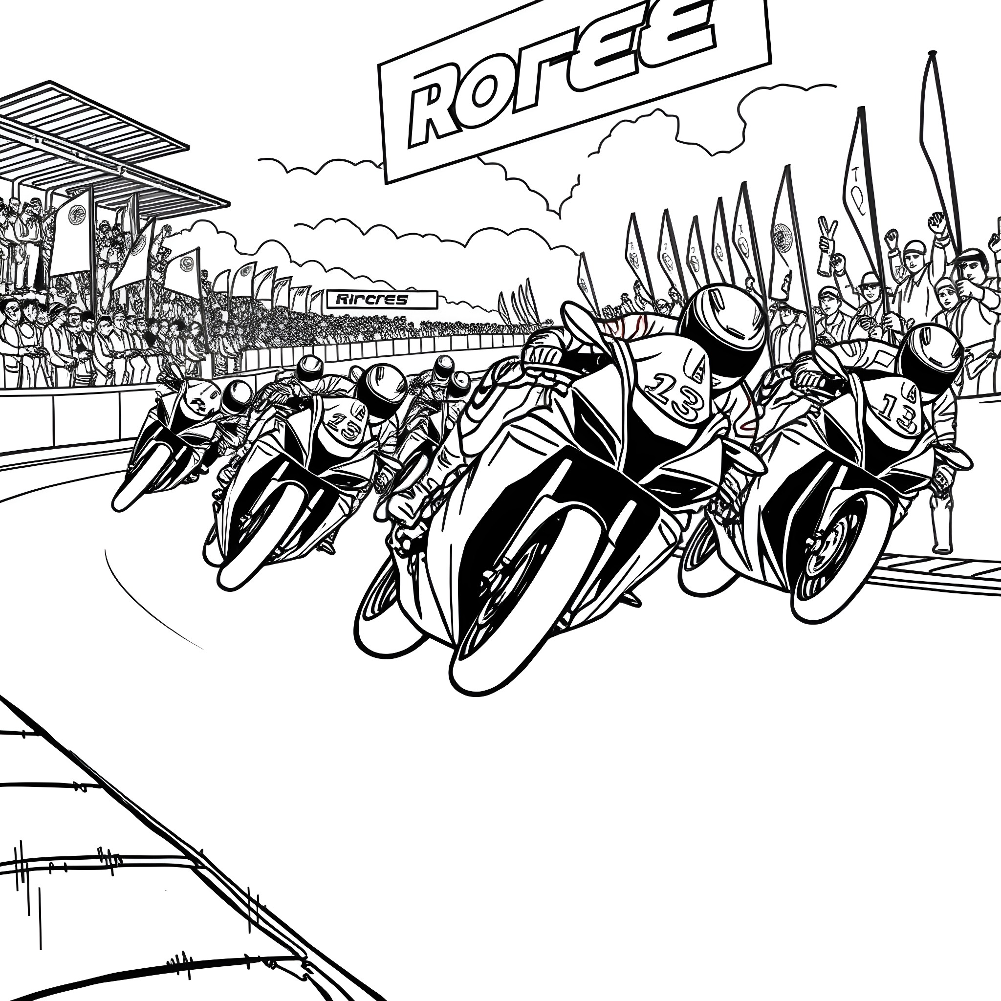 Sportbike Racing on the Track Coloring Page (free black-and-white line drawing printable PDF for all, from beginners to advanced learners, including children, teens, adults, and seniors)
