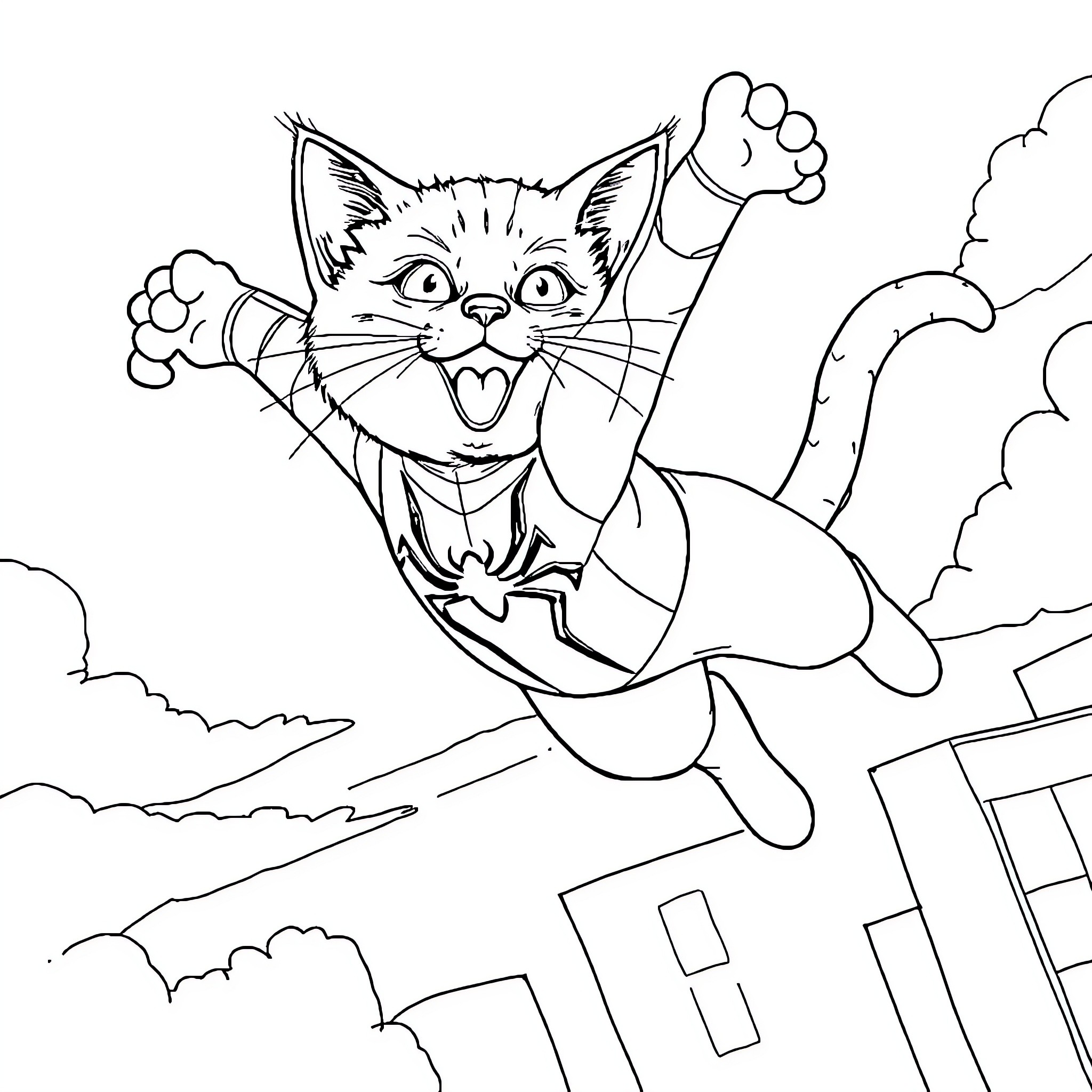 Flying Cat Soaring Above the City Coloring Page (free black-and-white line drawing printable PDF for all, from beginners to advanced learners, including children, teens, adults, and seniors)