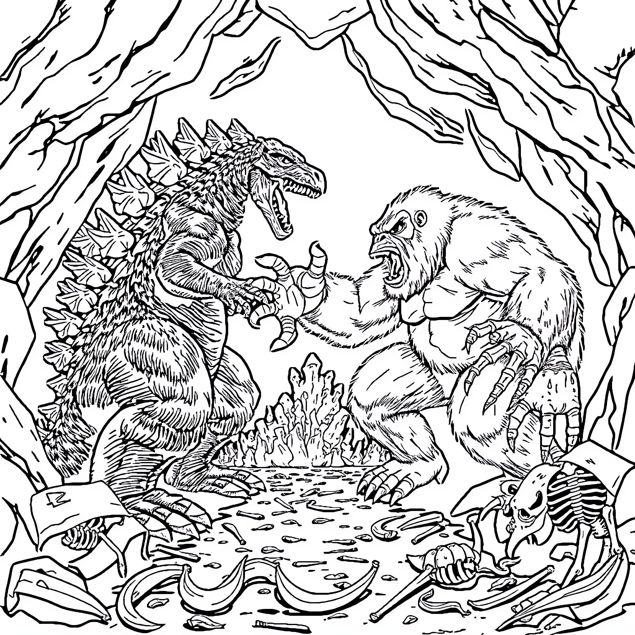Godzilla confronting a fearsome creature in the wild Coloring Page (free black-and-white line drawing printable PDF for all, from beginners to advanced learners, including children, teens, adults, and seniors)