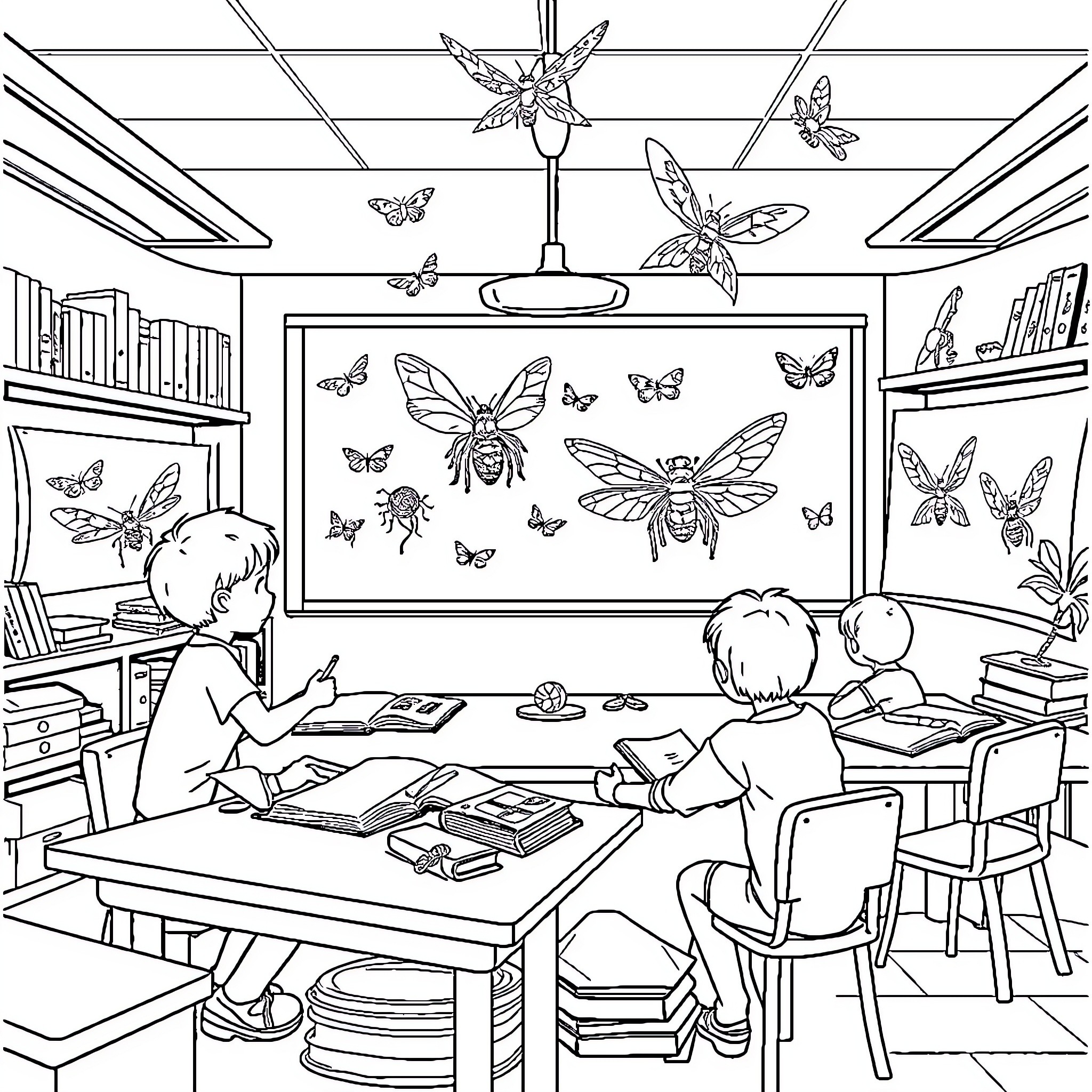 Insect-themed classroom with students studying Coloring Page (free black-and-white line drawing printable PDF for all, from beginners to advanced learners, including children, teens, adults, and seniors)