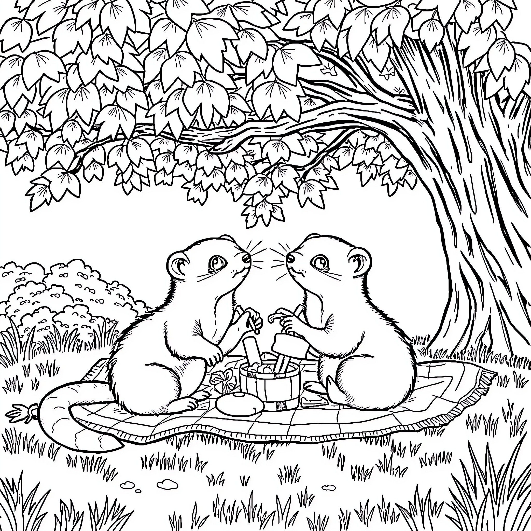 Ferret friends having a picnic under a tree Coloring Page (free black-and-white line drawing printable PDF for all, from beginners to advanced learners, including children, teens, adults, and seniors)