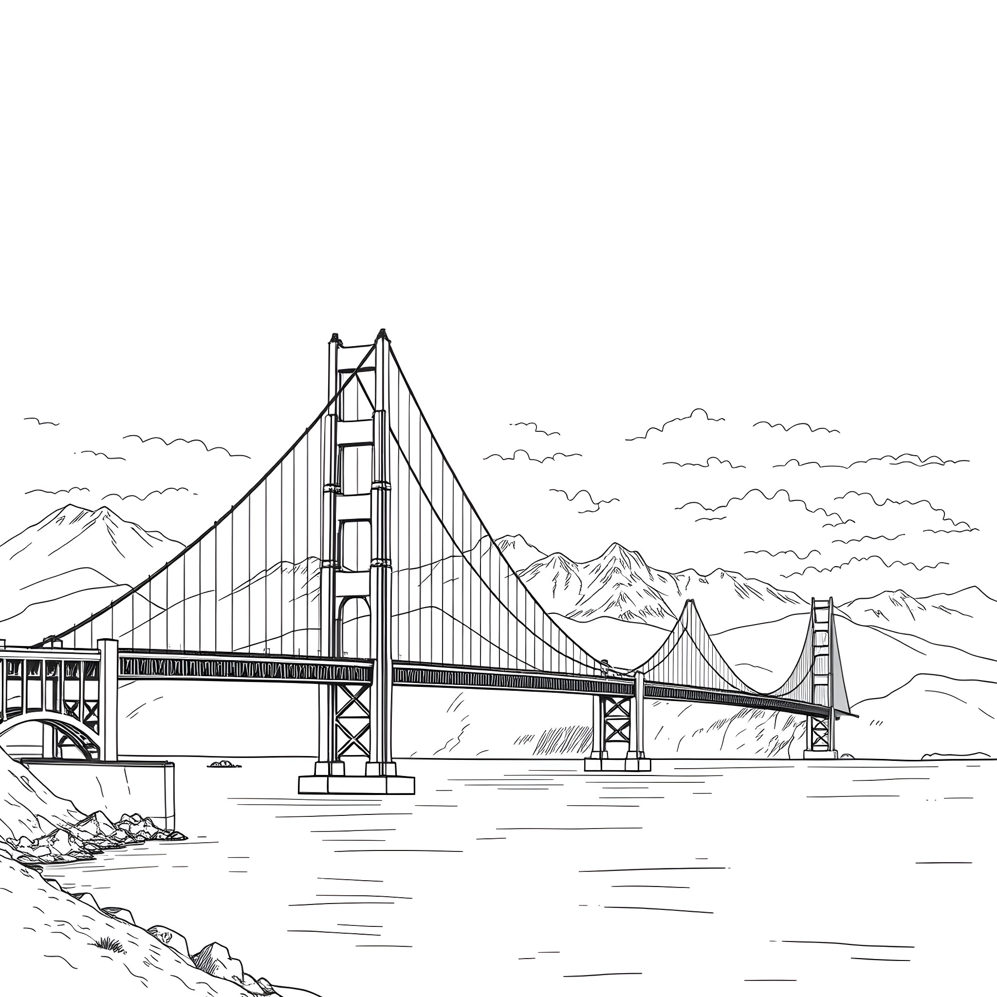 Bridge spanning a scenic landscape Coloring Page (free black-and-white line drawing printable PDF for all, from beginners to advanced learners, including children, teens, adults, and seniors)