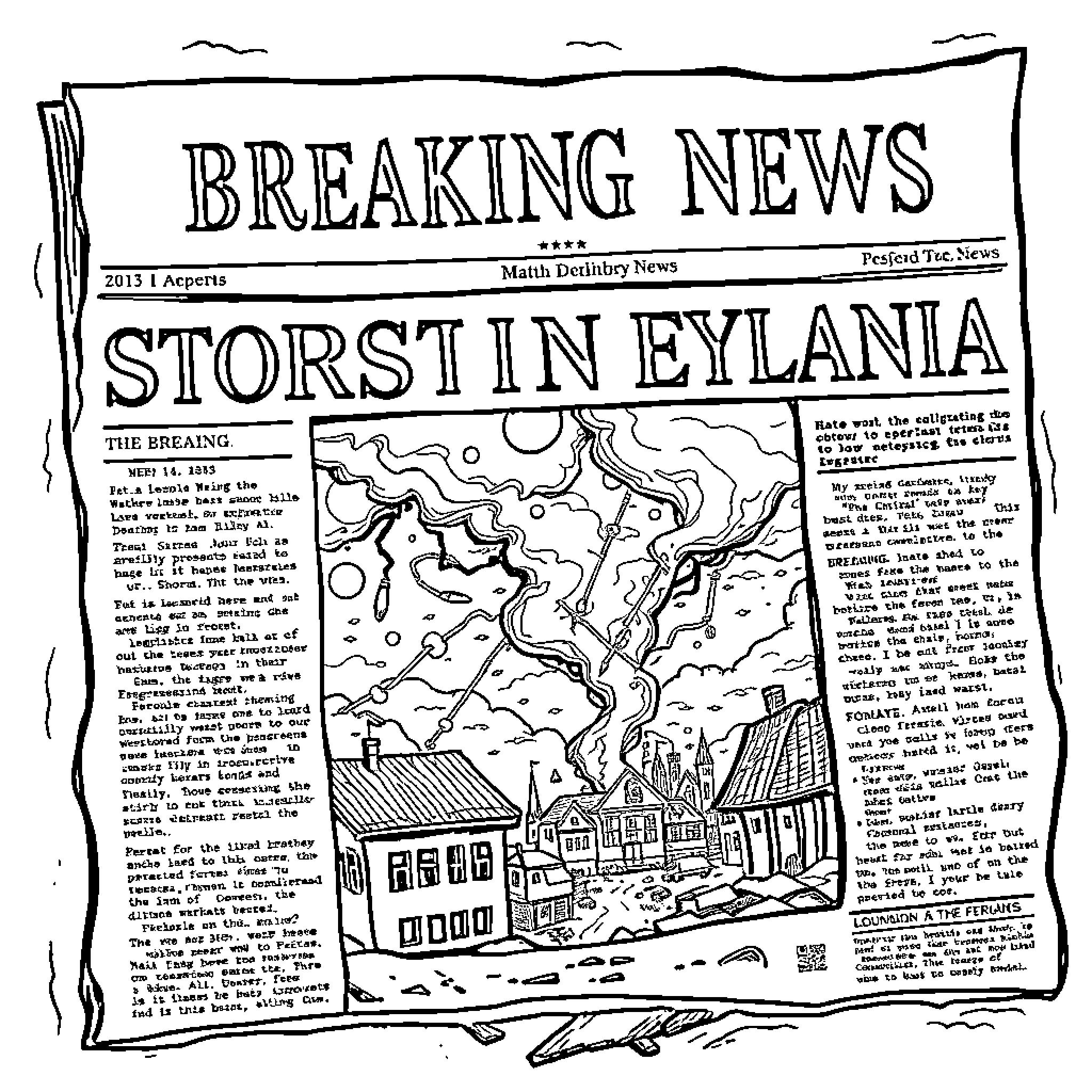 News of a stormy night in a town Coloring Page (free black-and-white line drawing printable PDF for all, from beginners to advanced learners, including children, teens, adults, and seniors)
