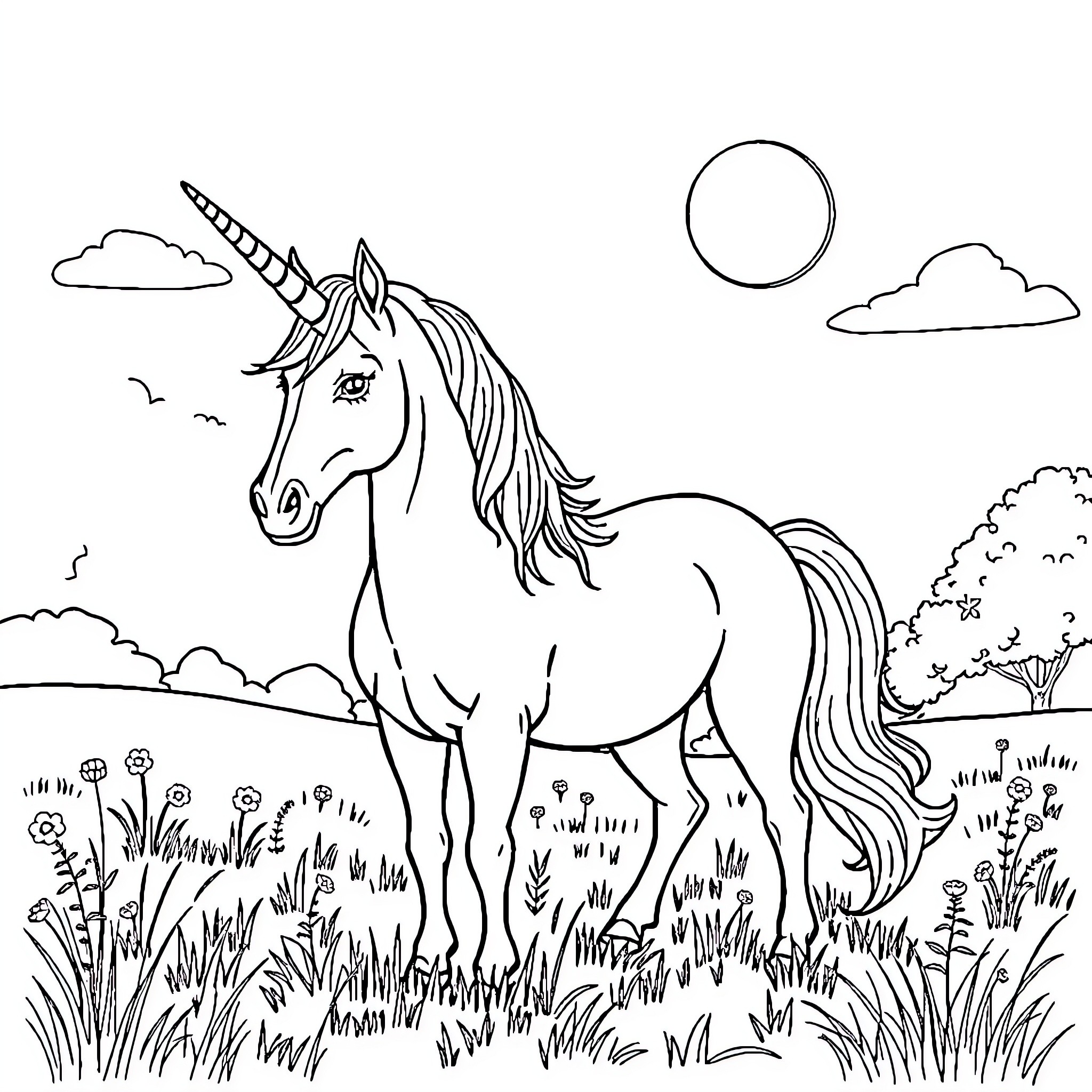 Unicorn standing in a lush meadow Coloring Page (free black-and-white line drawing printable PDF for all, from beginners to advanced learners, including children, teens, adults, and seniors)