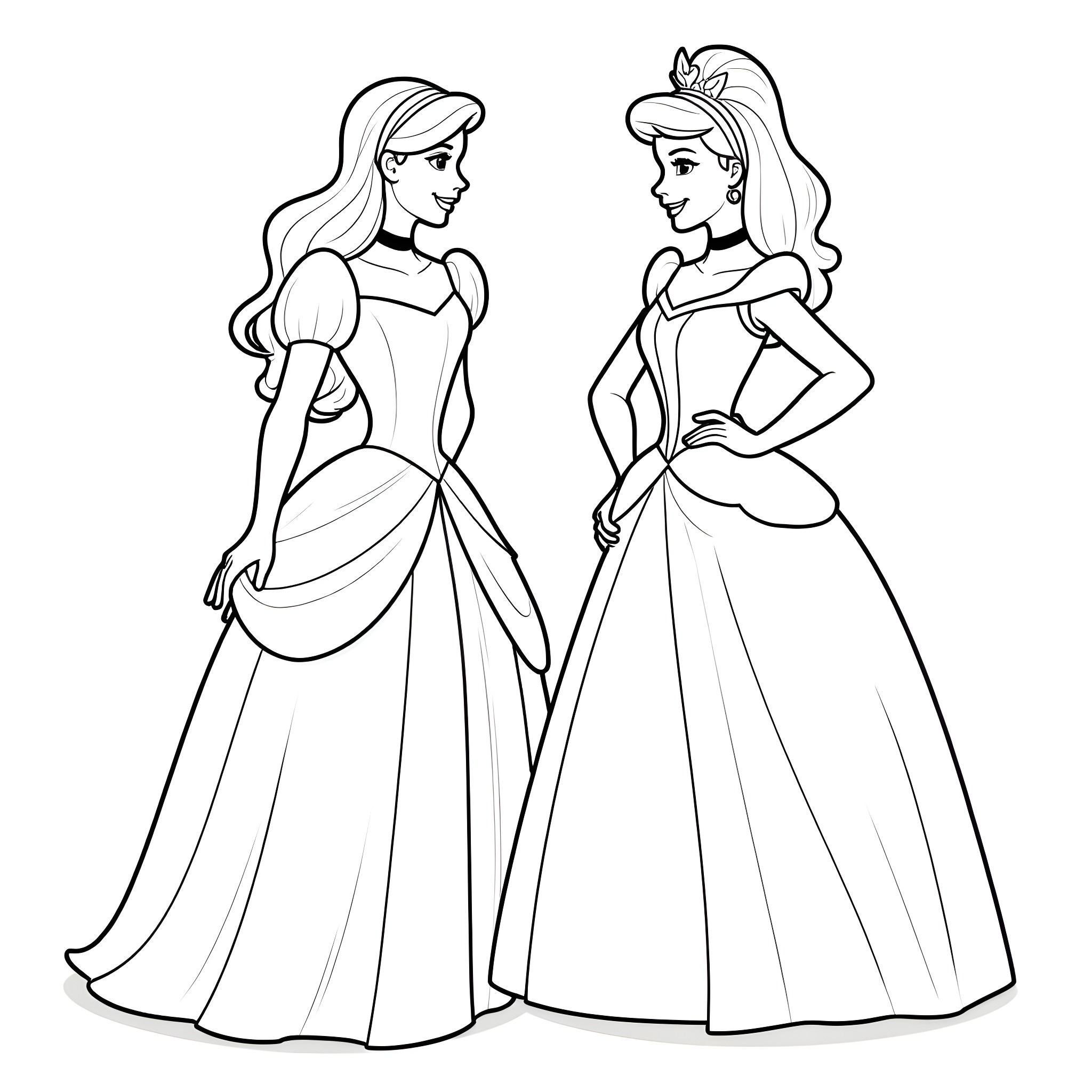 Aurora and Cinderella in elegant princess gowns Coloring Page (free black-and-white line drawing printable PDF for all, from beginners to advanced learners, including children, teens, adults, and seniors)