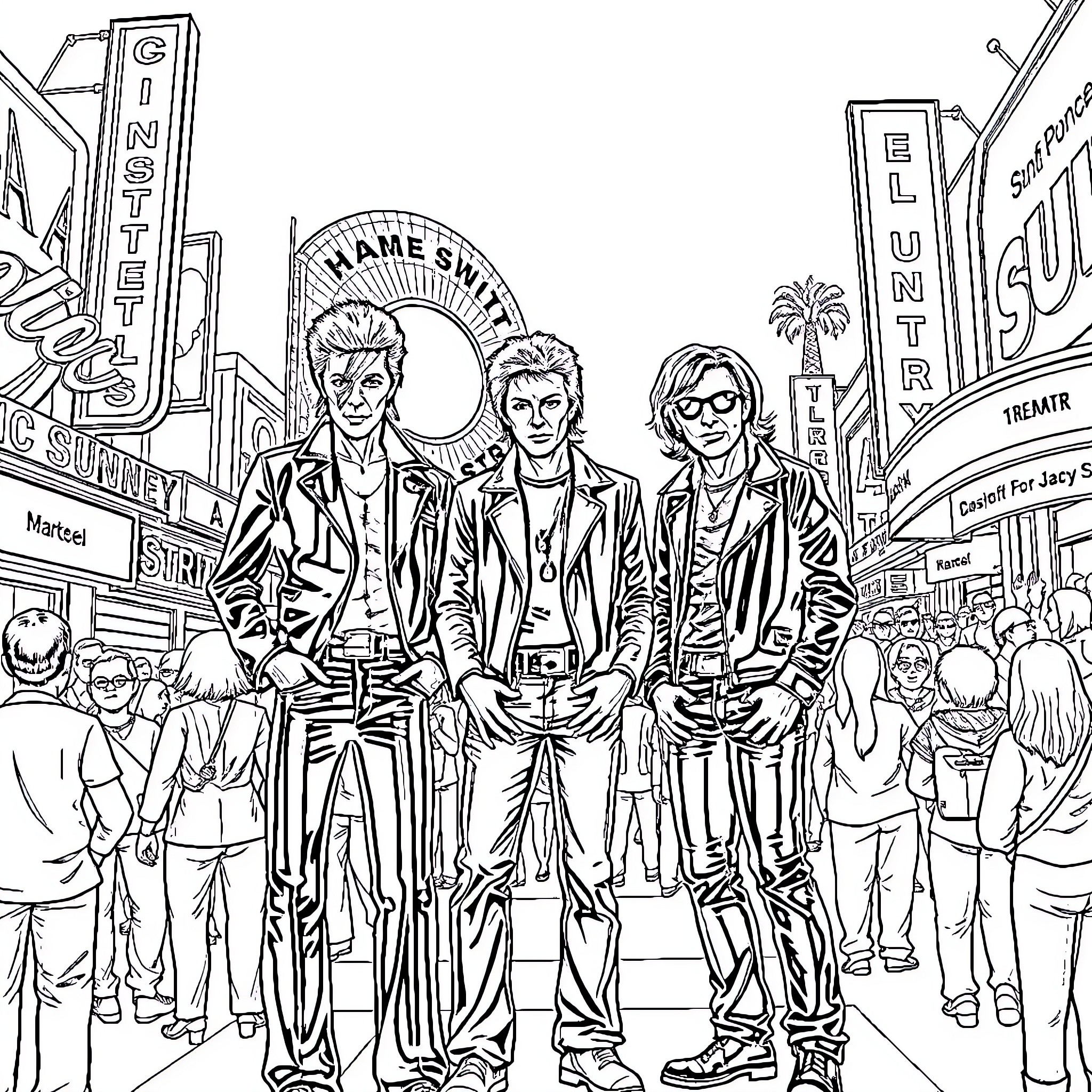 David Bowie and his band in a bustling city scene Coloring Page (free black-and-white line drawing printable PDF for all, from beginners to advanced learners, including children, teens, adults, and seniors)
