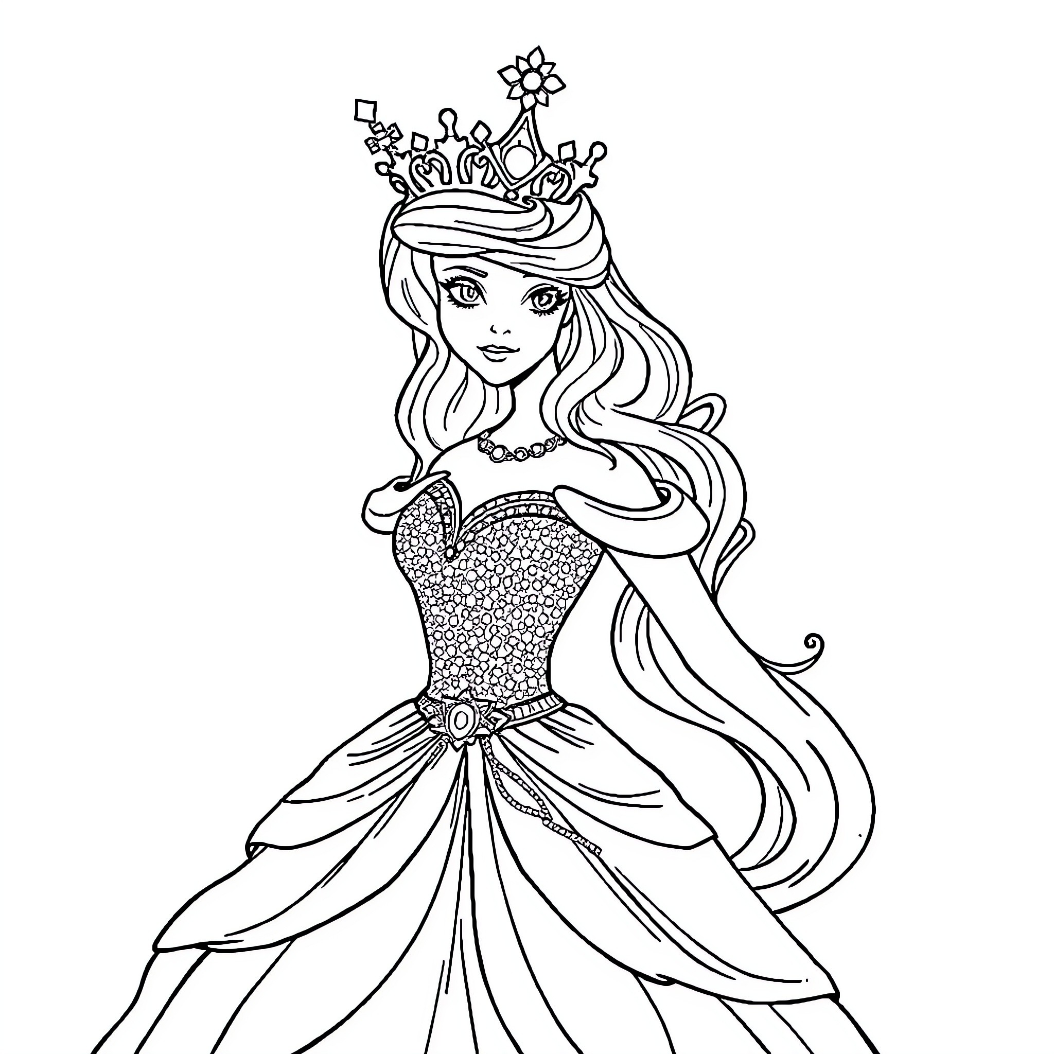 Princess in Elegant Gown and Crown Coloring Page (free black-and-white line drawing printable PDF for all, from beginners to advanced learners, including children, teens, adults, and seniors)