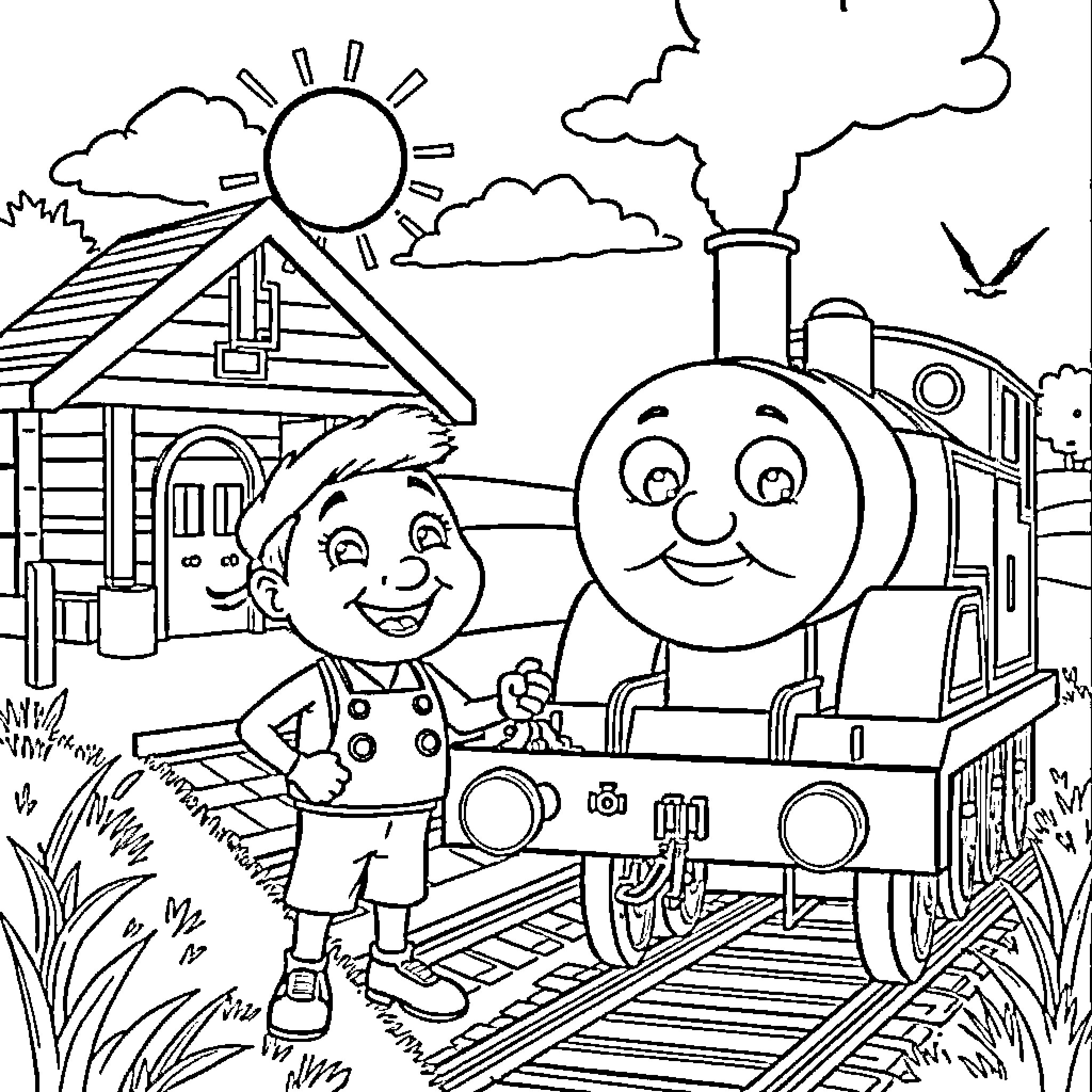 Thomas the Train and his friend exploring the countryside Coloring Page (free black-and-white line drawing printable PDF for all, from beginners to advanced learners, including children, teens, adults, and seniors)