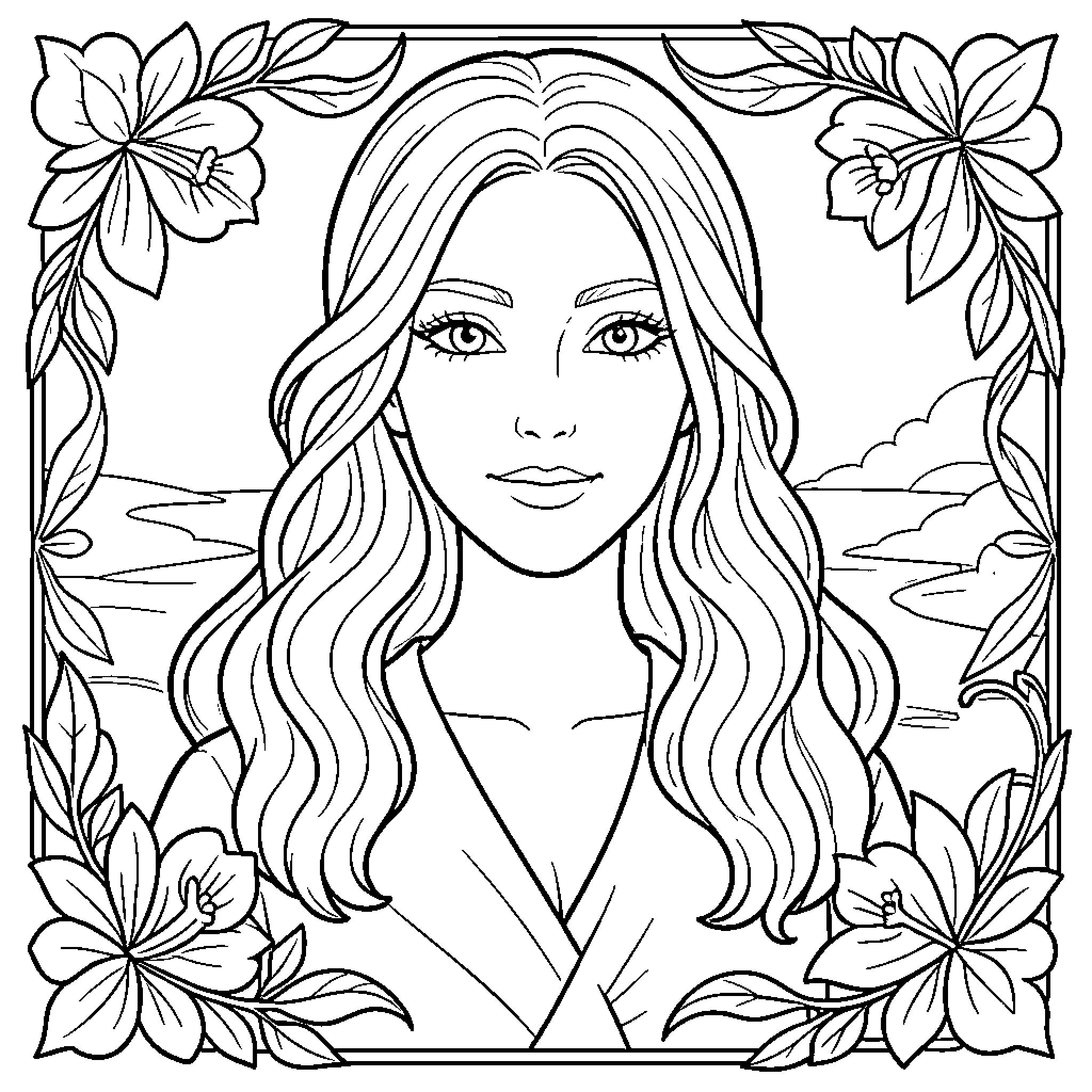 Aesthetic portrait of a woman framed by flowers Coloring Page (free black-and-white line drawing printable PDF for all, from beginners to advanced learners, including children, teens, adults, and seniors)