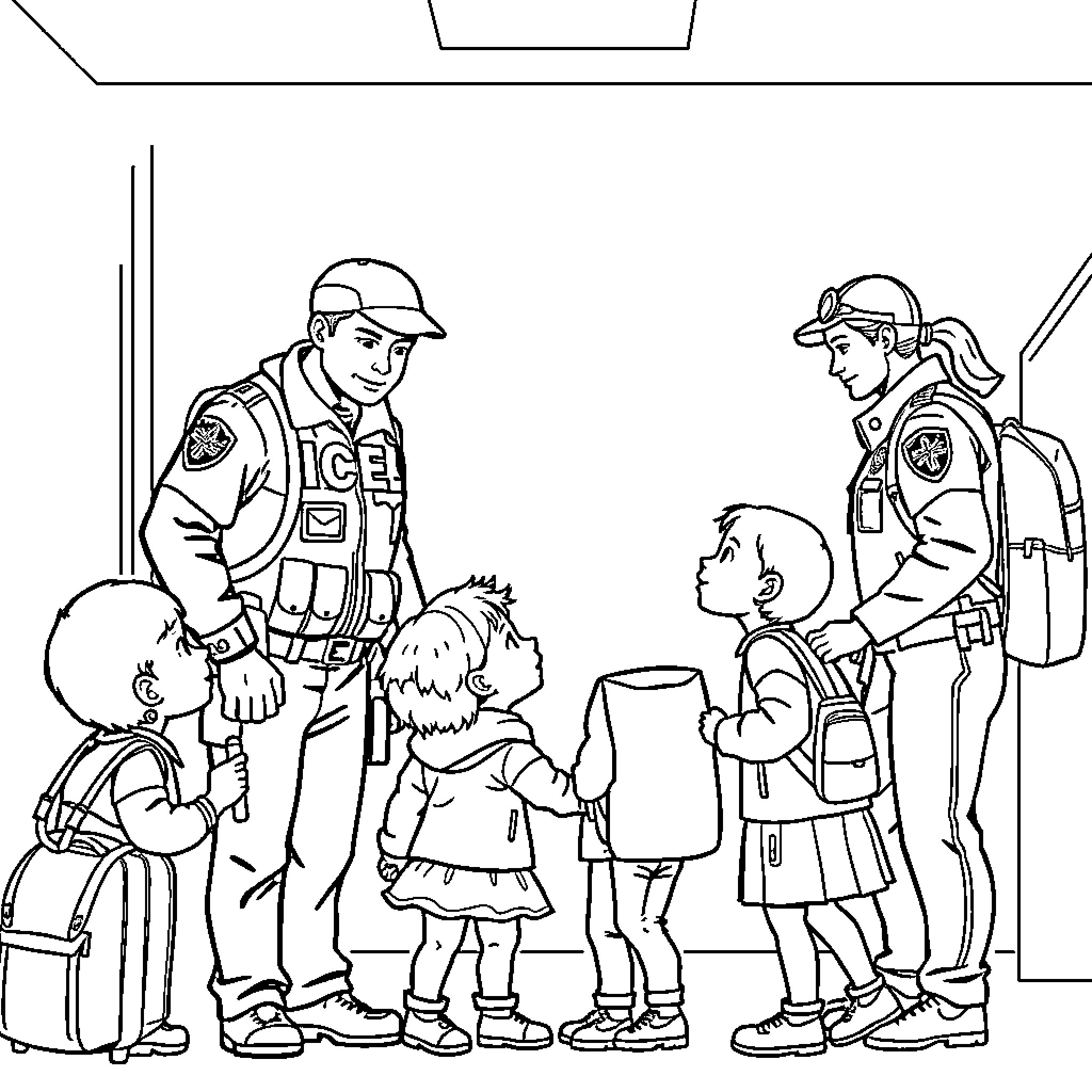 ICE Agents Interacting with Families at Border Crossing Coloring Page (free black-and-white line drawing printable PDF for all, from beginners to advanced learners, including children, teens, adults, and seniors)