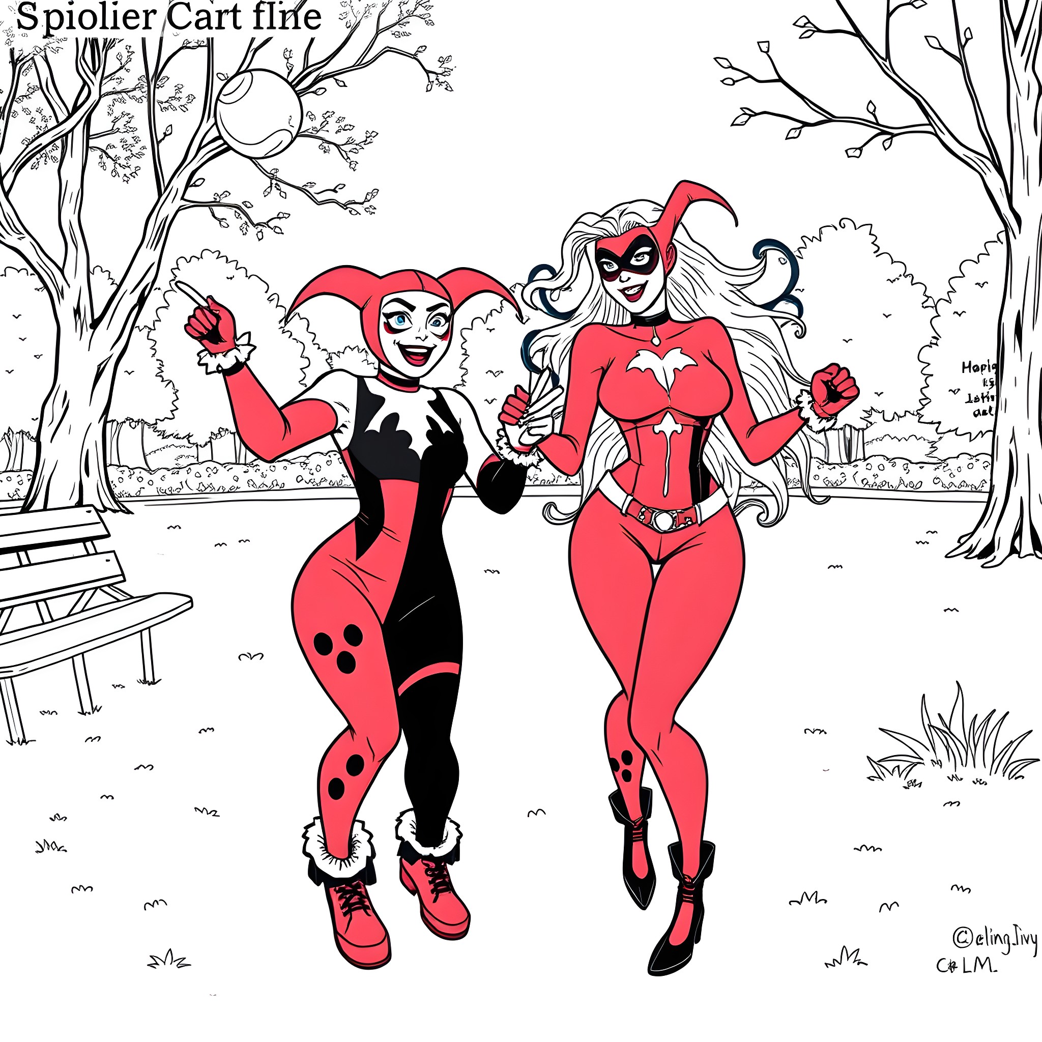 Harley Quinn and Batwoman in Playful Heroic Poses Coloring Page (free black-and-white line drawing printable PDF for all, from beginners to advanced learners, including children, teens, adults, and seniors)