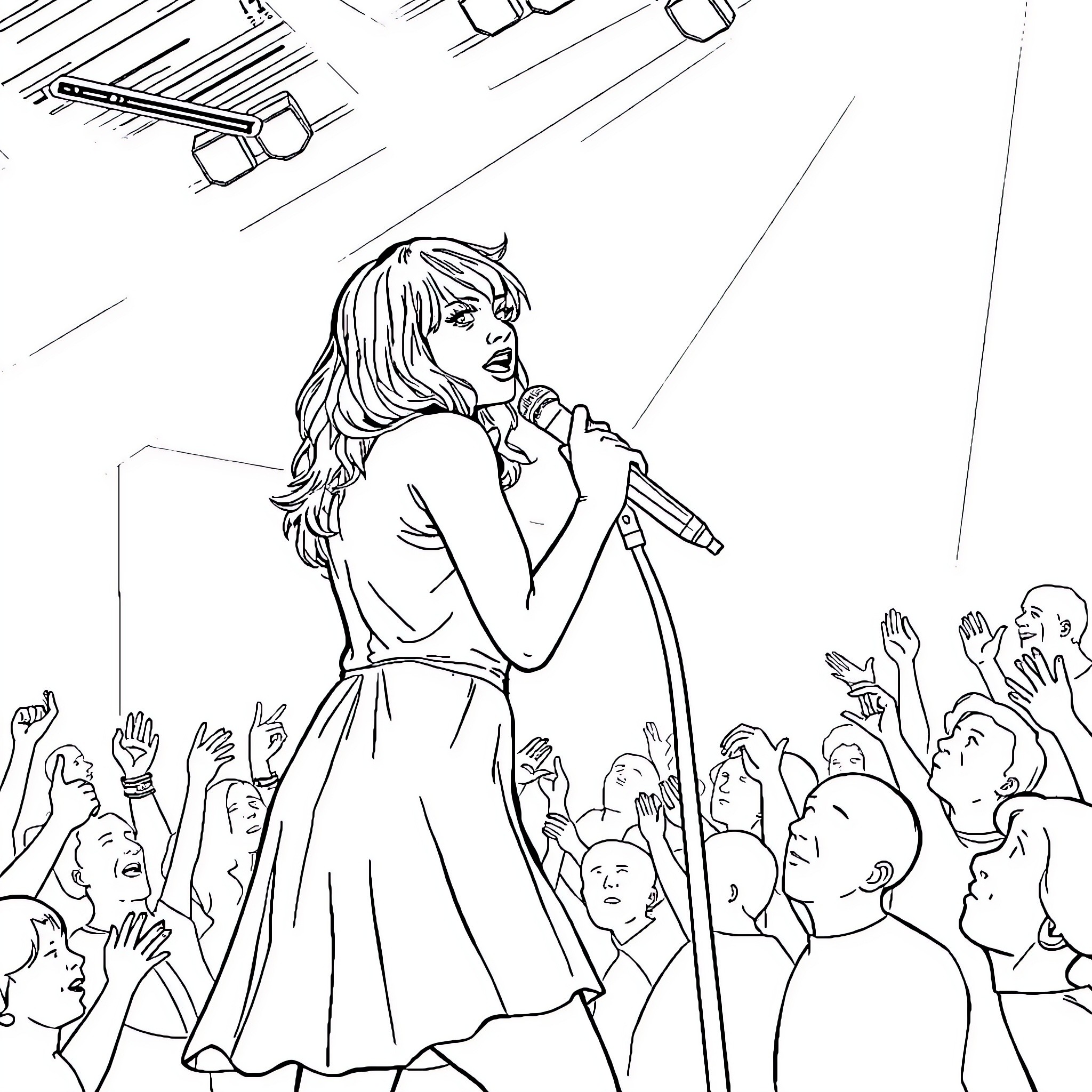 Taylor Swift performing on stage with adoring fans Coloring Page (free black-and-white line drawing printable PDF for all, from beginners to advanced learners, including children, teens, adults, and seniors)