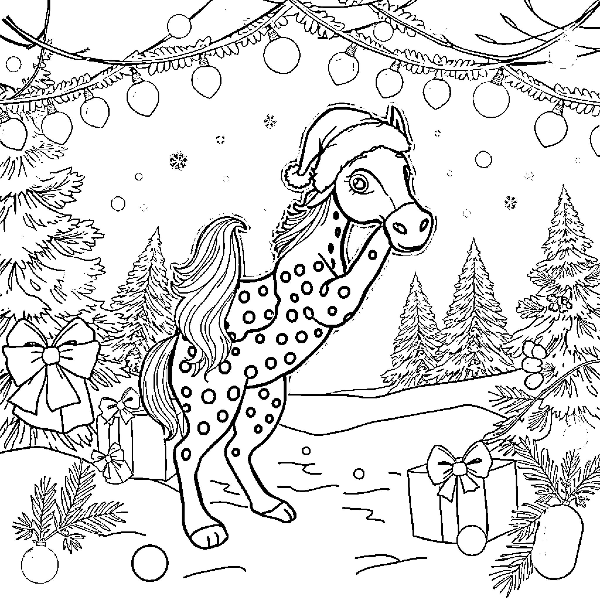 Huntrix Pony's Winter Wonderland Adventure Coloring Page (free black-and-white line drawing printable PDF for all, from beginners to advanced learners, including children, teens, adults, and seniors)
