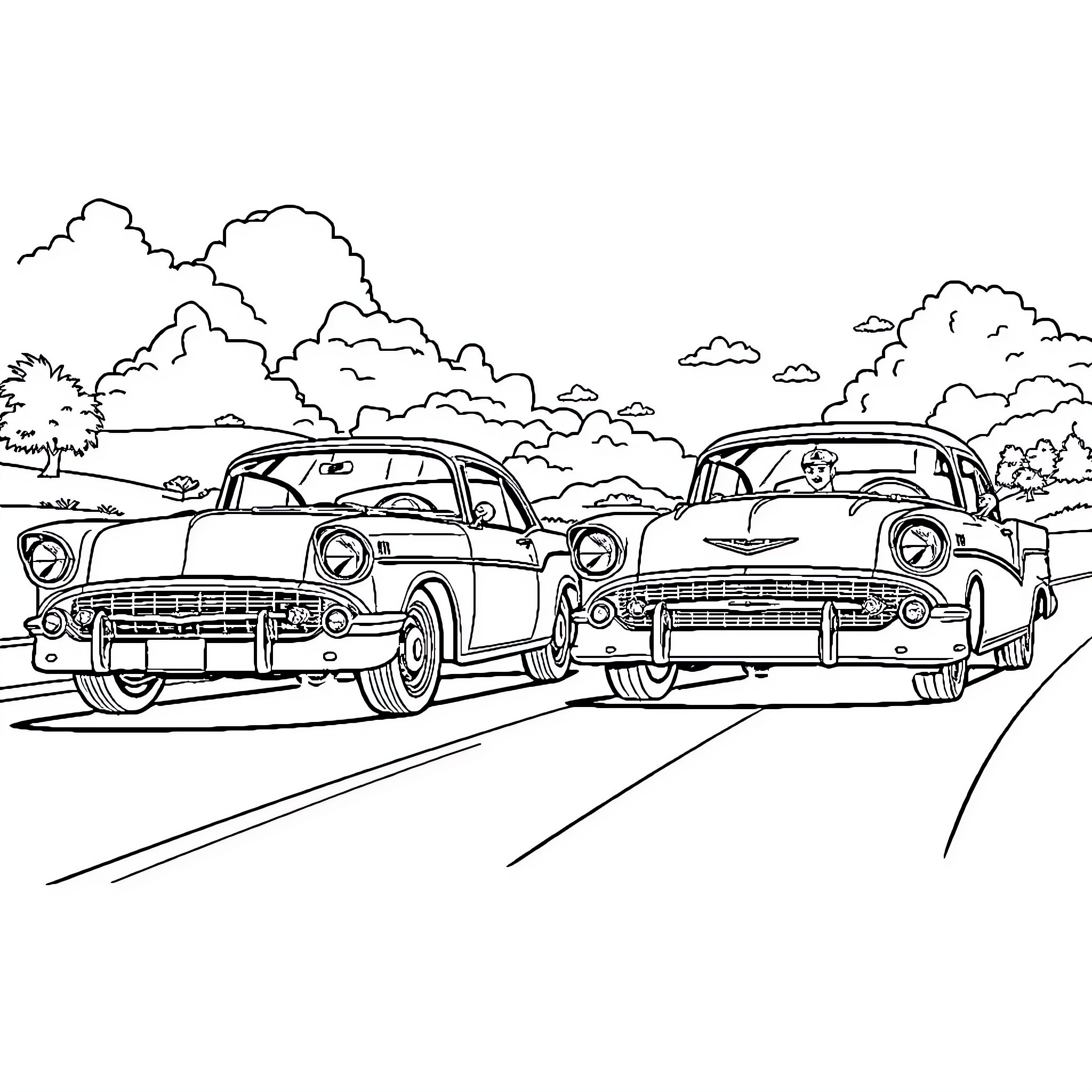 Ford Classic Cars Cruising on the Open Road Coloring Page (free black-and-white line drawing printable PDF for all, from beginners to advanced learners, including children, teens, adults, and seniors)