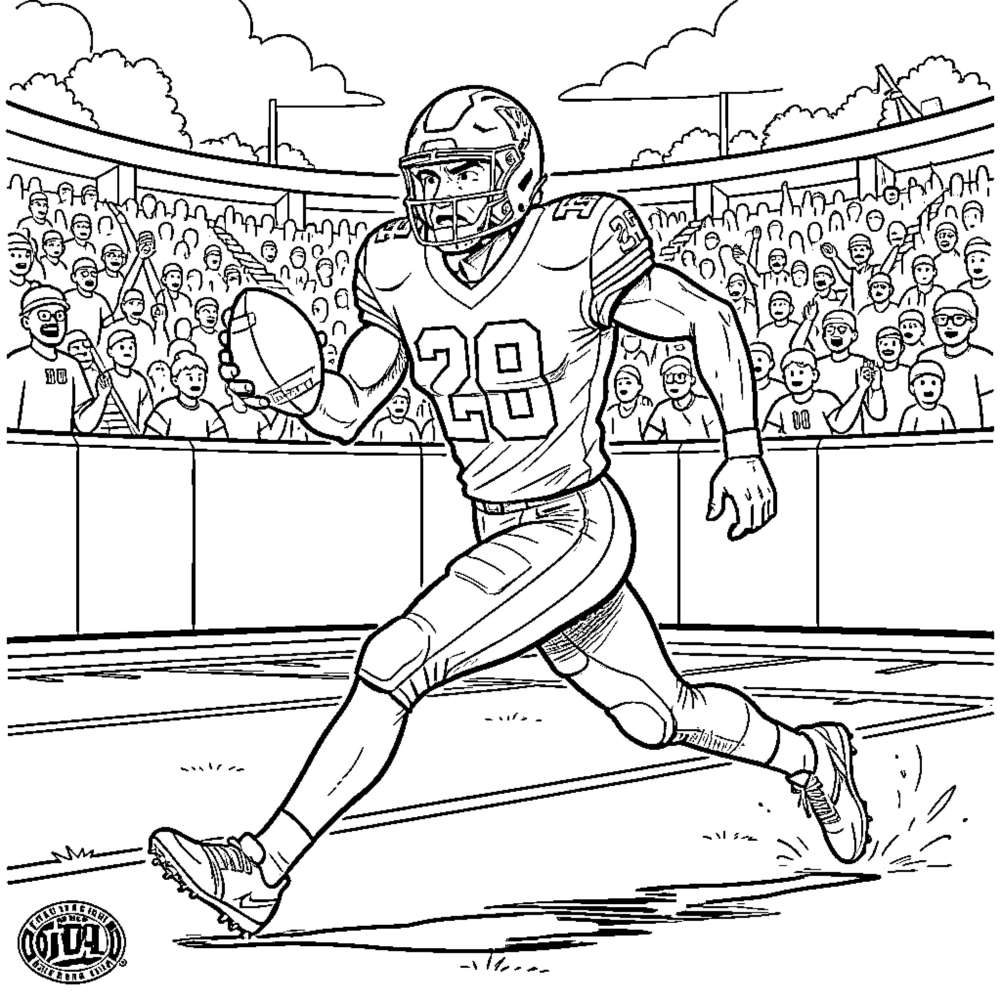 Jeremiah Smith playing football on the field Coloring Page (free black-and-white line drawing printable PDF for all, from beginners to advanced learners, including children, teens, adults, and seniors)