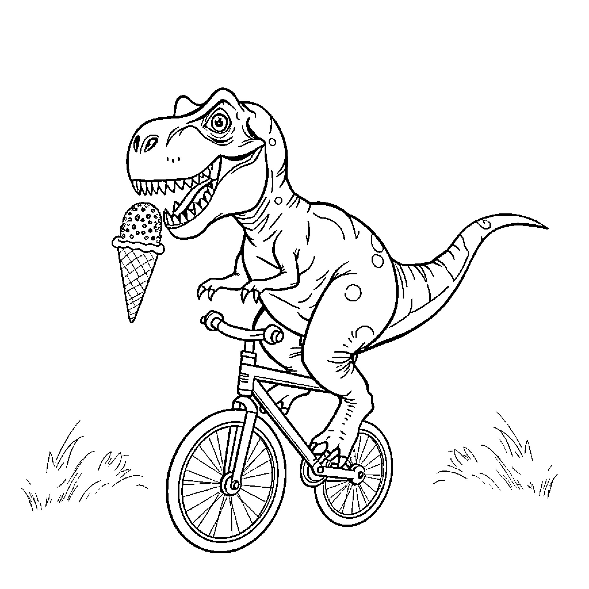 Tyrannosaurus Rex riding a bicycle and enjoying ice cream Coloring Page (free black-and-white line drawing printable PDF for all, from beginners to advanced learners, including children, teens, adults, and seniors)