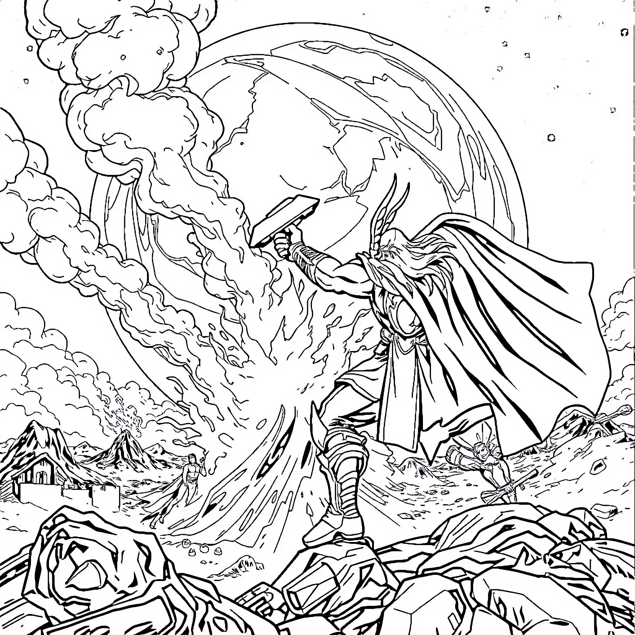 Thor unleashing his mighty power in a dramatic scene Coloring Page (free black-and-white line drawing printable PDF for all, from beginners to advanced learners, including children, teens, adults, and seniors)