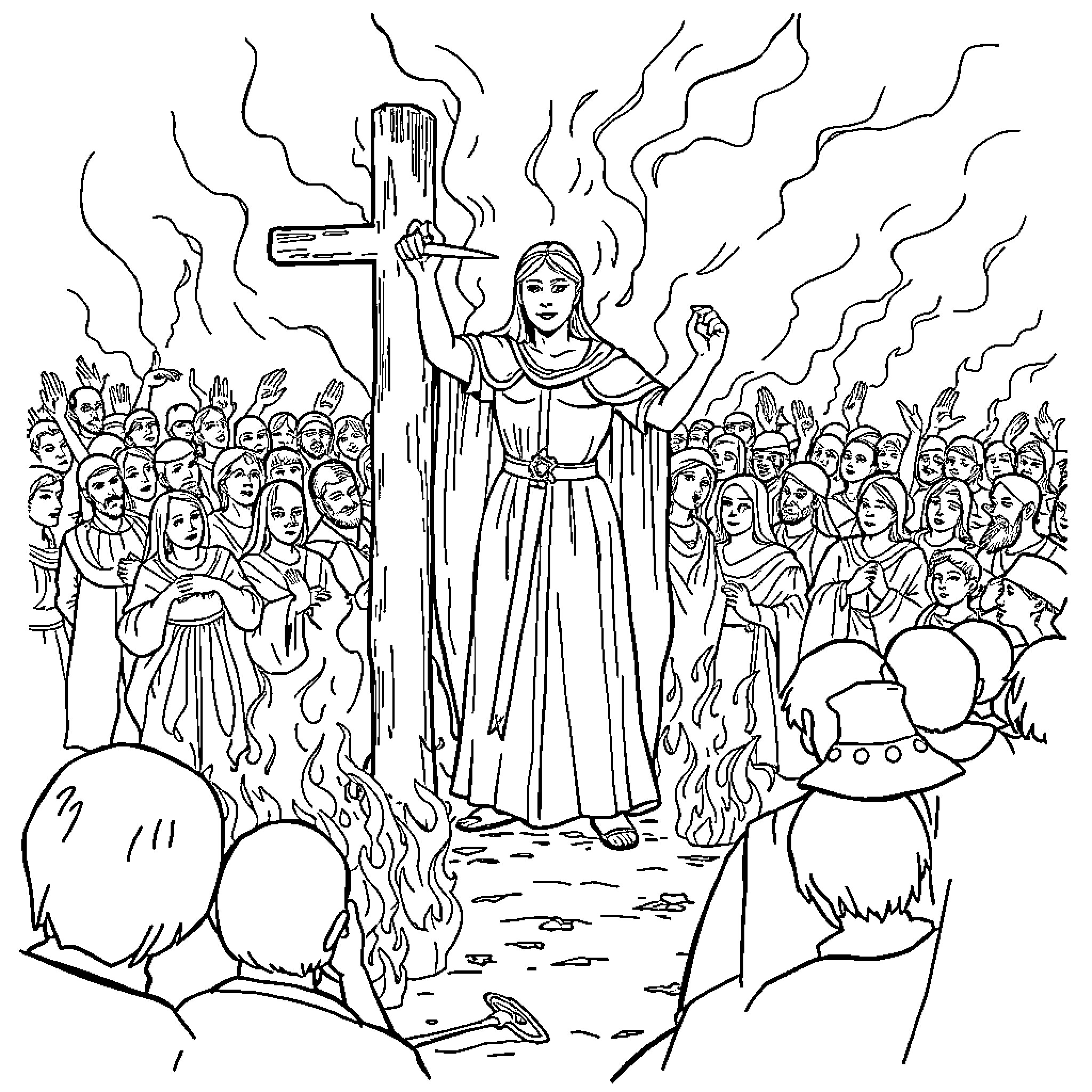 Joan Of Arc Inspiring Crowds with Cross and Courage Coloring Page (free black-and-white line drawing printable PDF for all, from beginners to advanced learners, including children, teens, adults, and seniors)