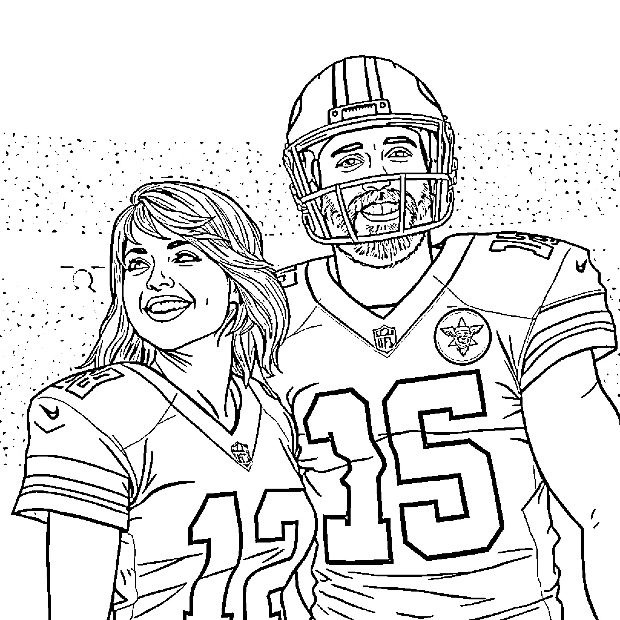 Taylor Swift and Football Player Posing Together Coloring Page (free black-and-white line drawing printable PDF for all, from beginners to advanced learners, including children, teens, adults, and seniors)