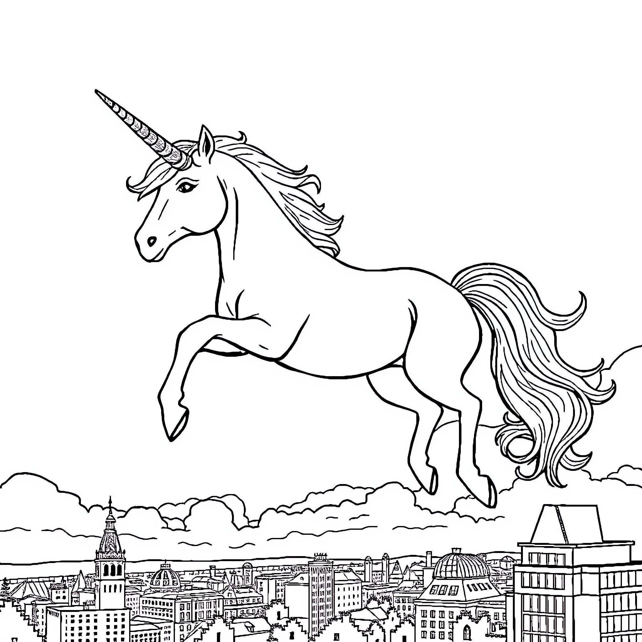 Unicorn soaring over the city skyline Coloring Page (free black-and-white line drawing printable PDF for all, from beginners to advanced learners, including children, teens, adults, and seniors)