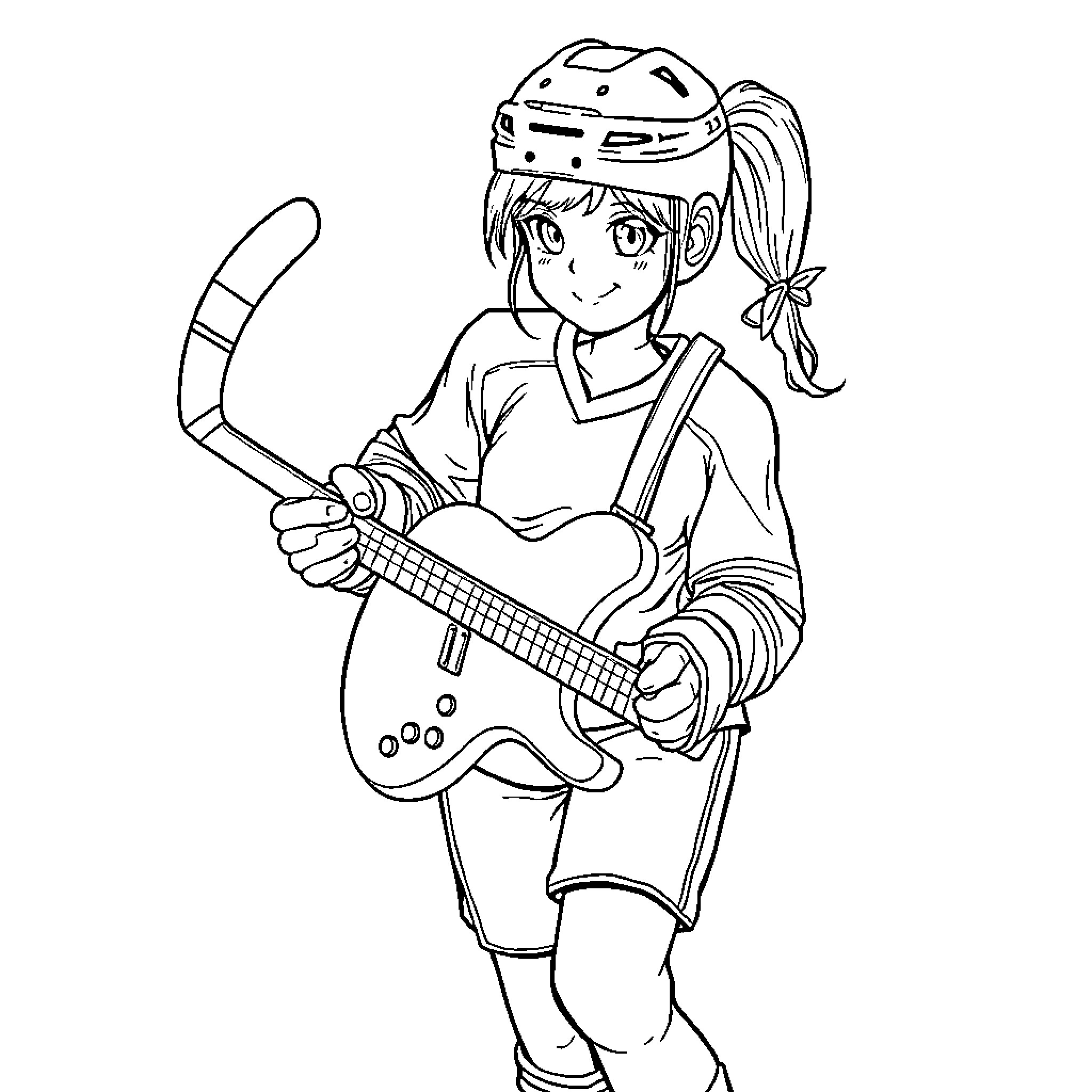 Girl playing electric guitar in sports uniform Coloring Page (free black-and-white line drawing printable PDF for all, from beginners to advanced learners, including children, teens, adults, and seniors)