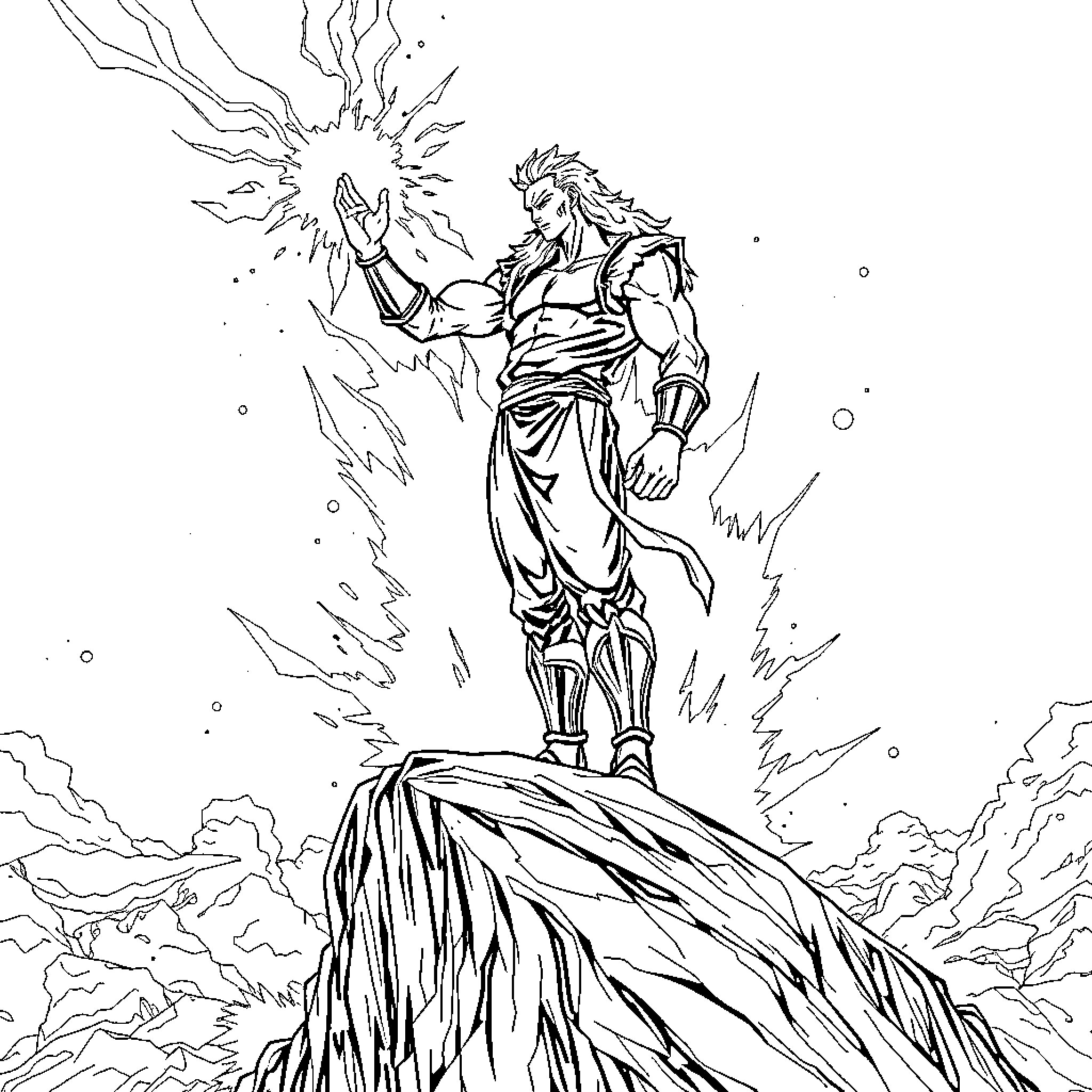 Man displaying powerful energy on a rocky cliff Coloring Page (free black-and-white line drawing printable PDF for all, from beginners to advanced learners, including children, teens, adults, and seniors)
