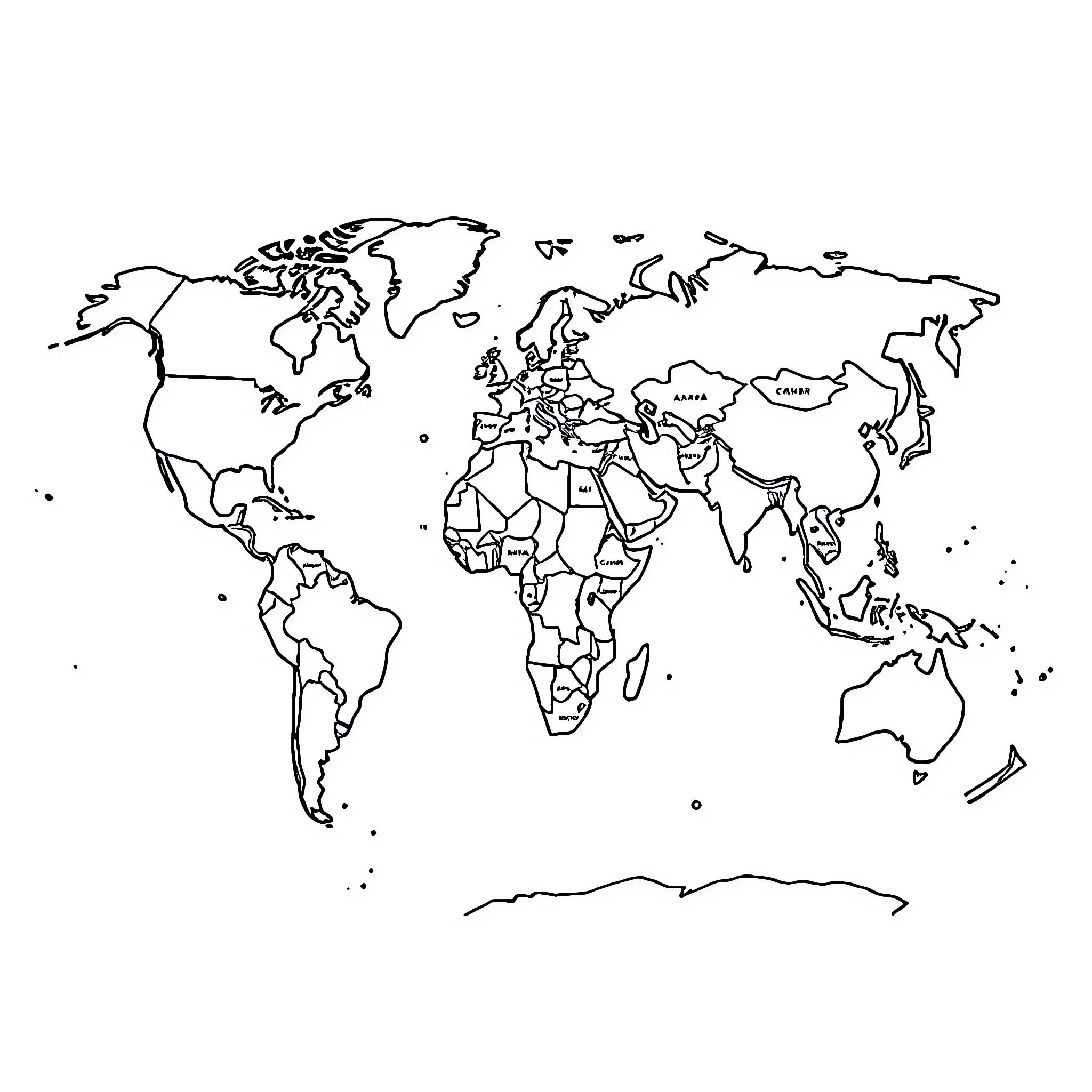 World Map with Outlined Continents and Countries Coloring Page (free black-and-white line drawing printable PDF for all, from beginners to advanced learners, including children, teens, adults, and seniors)