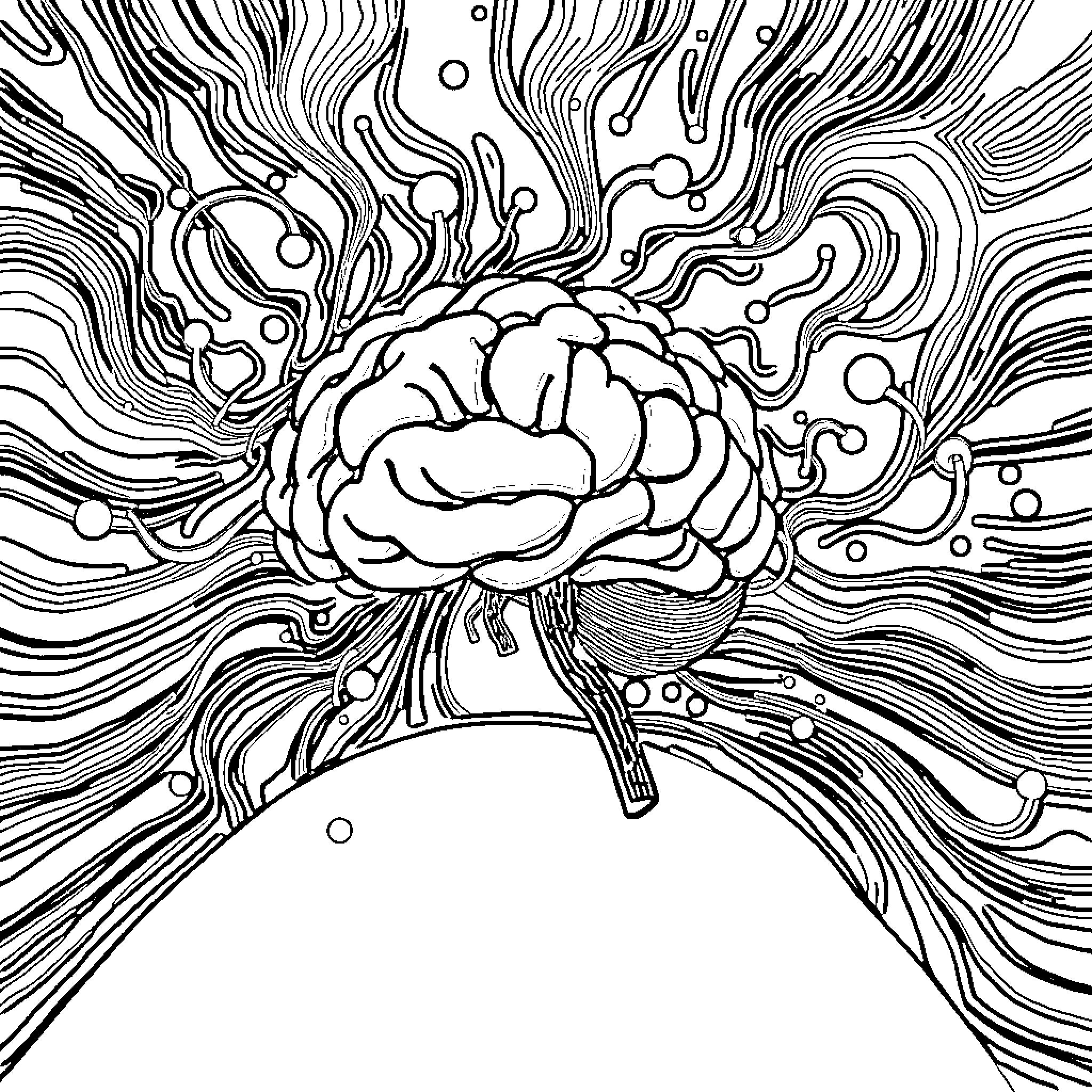 Brain in Psychedelic Cerebral Swirls Coloring Page (free black-and-white line drawing printable PDF for all, from beginners to advanced learners, including children, teens, adults, and seniors)
