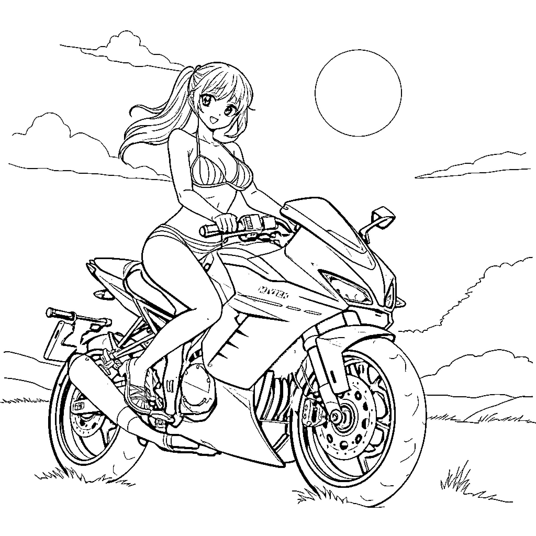 Anime Girl Riding a Motorcycle in the Countryside Coloring Page (free black-and-white line drawing printable PDF for all, from beginners to advanced learners, including children, teens, adults, and seniors)
