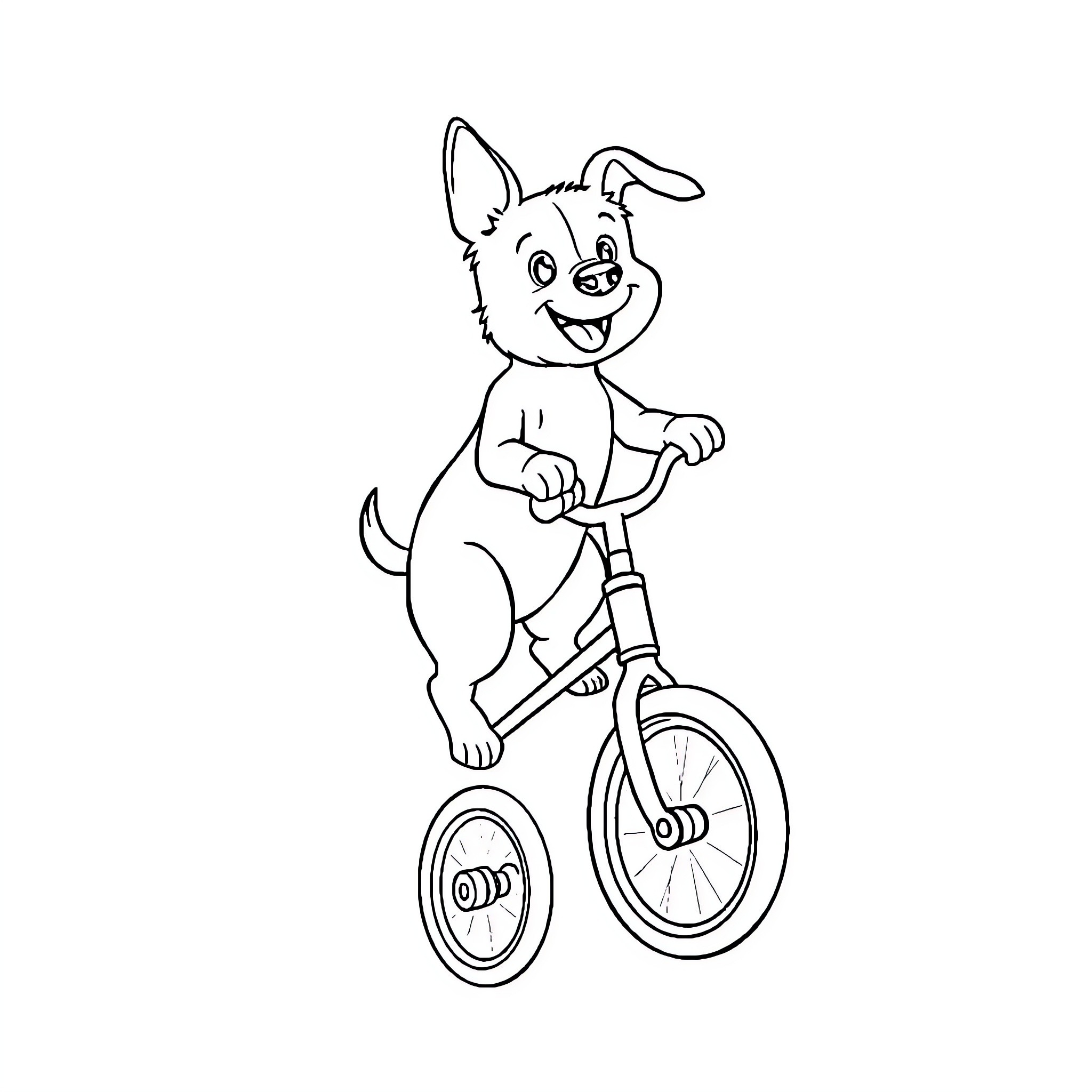 Dog riding a bicycle happily Coloring Page (free black-and-white line drawing printable PDF for all, from beginners to advanced learners, including children, teens, adults, and seniors)