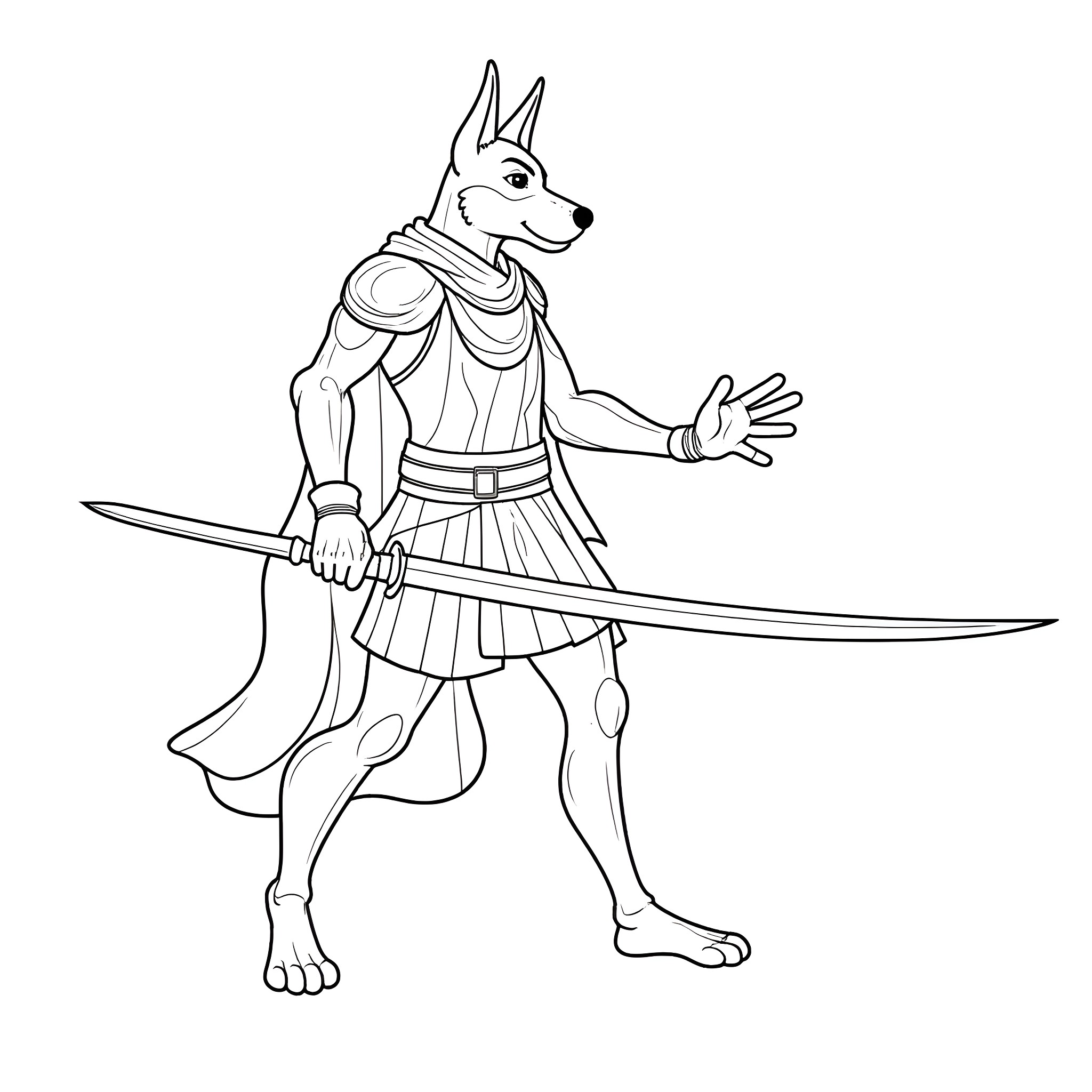 Dog Soldier Wielding Sword in Warrior Outfit Coloring Page (free black-and-white line drawing printable PDF for all, from beginners to advanced learners, including children, teens, adults, and seniors)