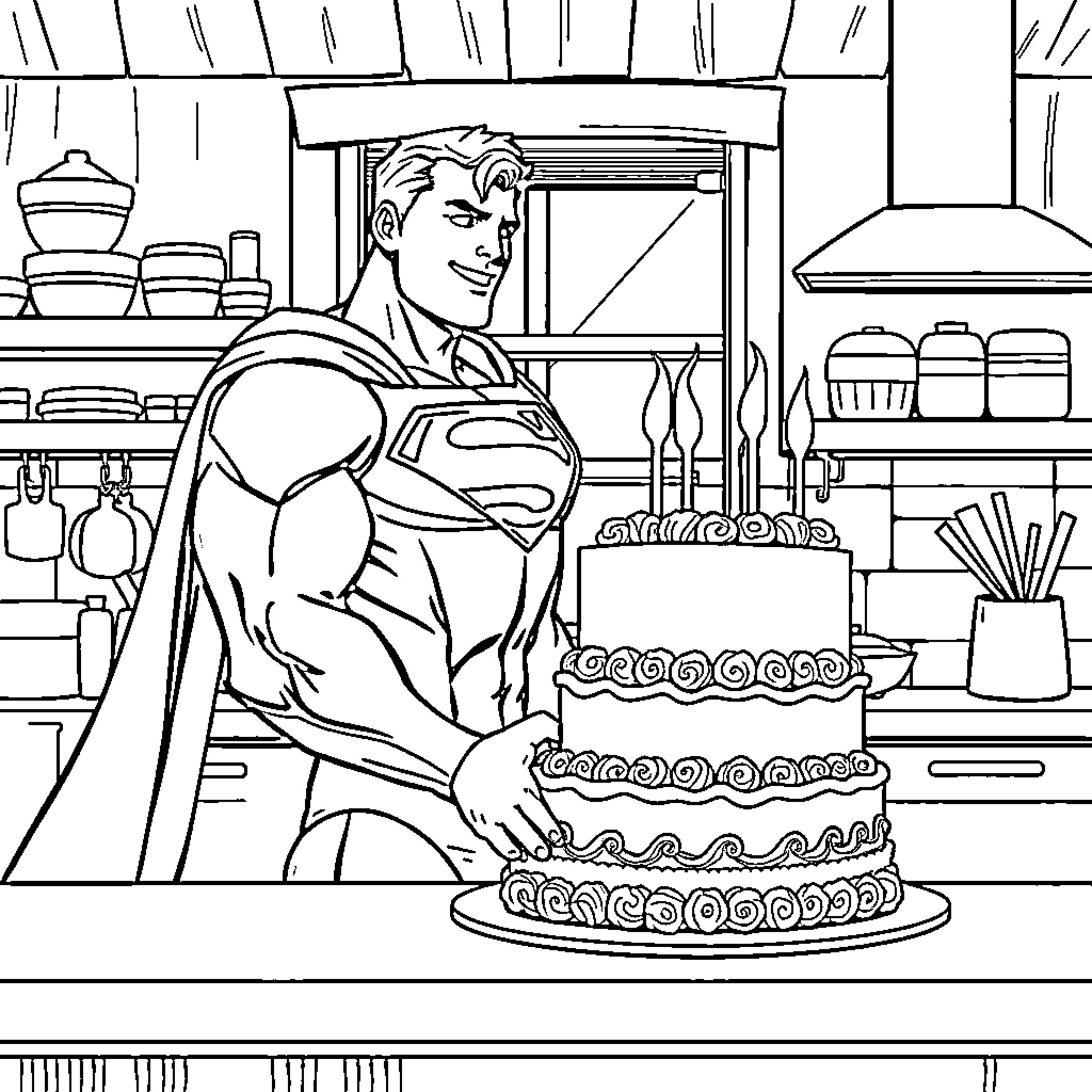 Superman baking a celebratory cake in the kitchen Coloring Page (free black-and-white line drawing printable PDF for all, from beginners to advanced learners, including children, teens, adults, and seniors)