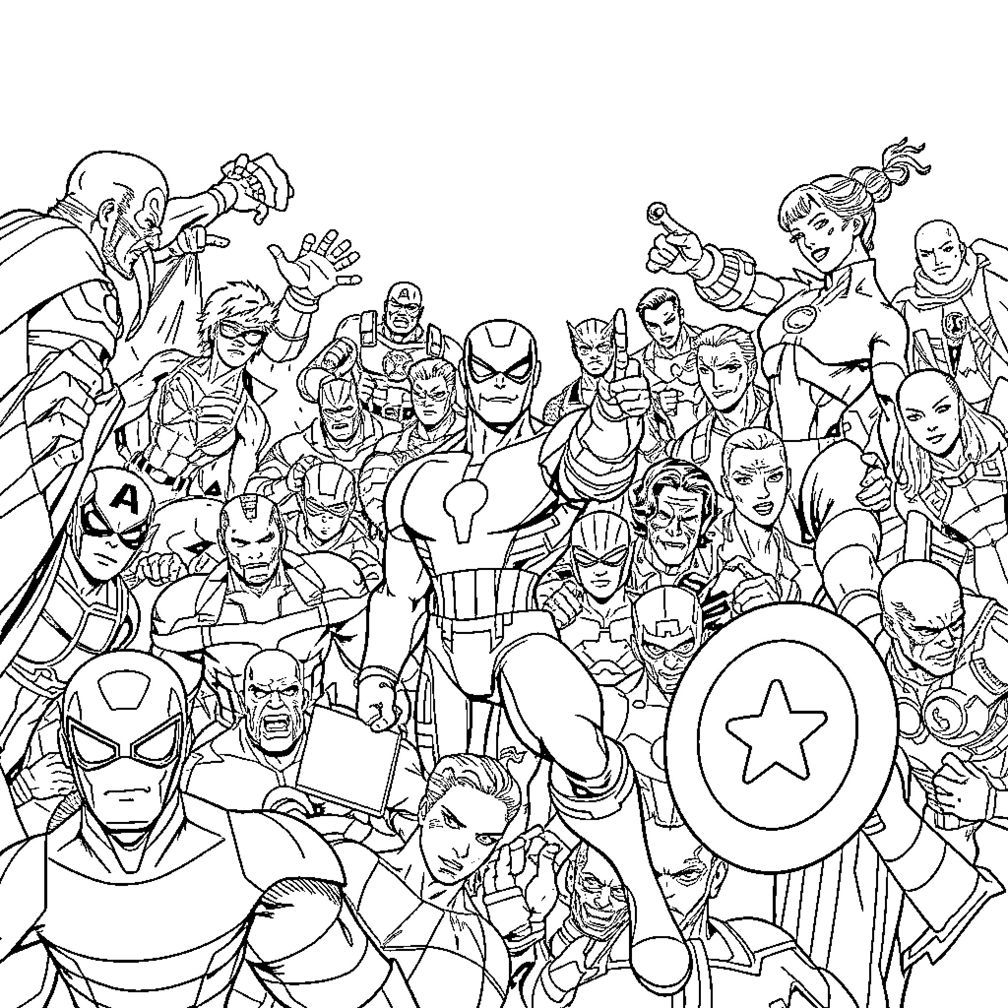 Marvel Heroes in Action-Packed Ensemble Coloring Page (free black-and-white line drawing printable PDF for all, from beginners to advanced learners, including children, teens, adults, and seniors)