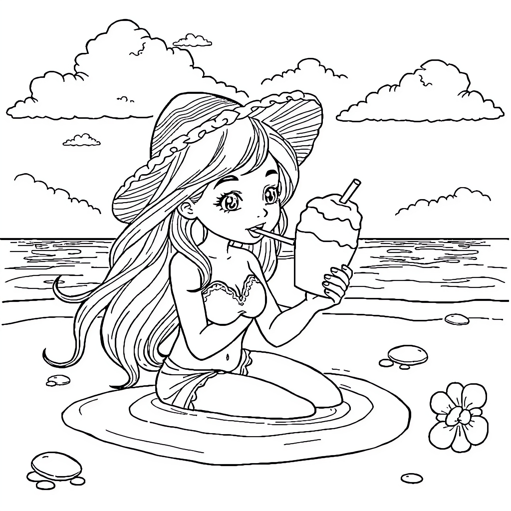 Mermaid lounging on the beach with seashells Coloring Page (free black-and-white line drawing printable PDF for all, from beginners to advanced learners, including children, teens, adults, and seniors)