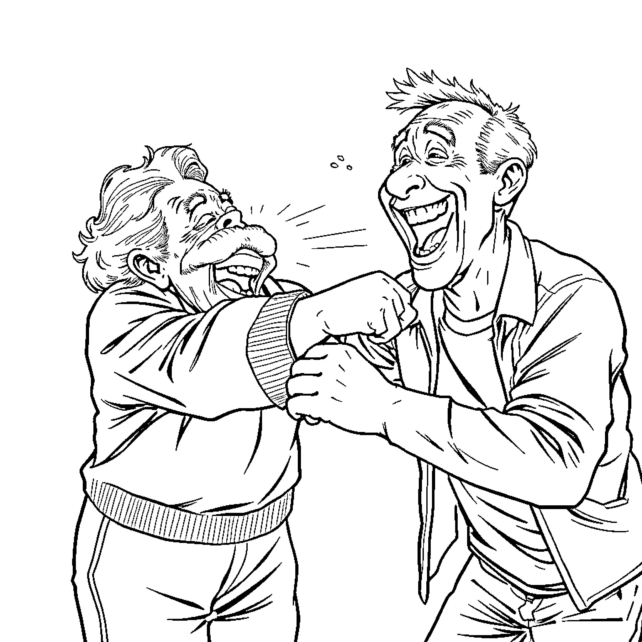 Grandma and Grandpa laughing joyfully together Coloring Page (free black-and-white line drawing printable PDF for all, from beginners to advanced learners, including children, teens, adults, and seniors)
