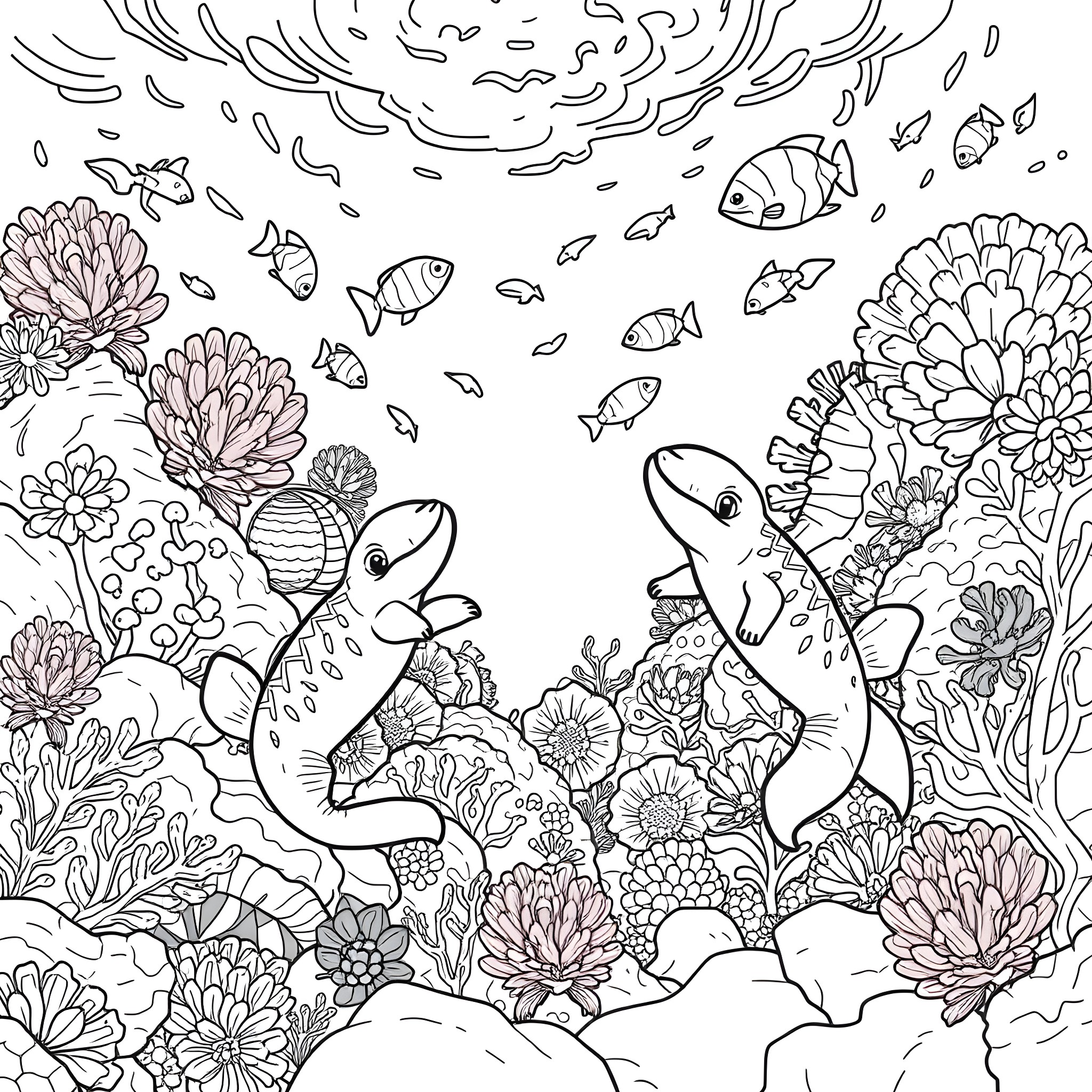 Axolotl playing in the underwater garden Coloring Page (free black-and-white line drawing printable PDF for all, from beginners to advanced learners, including children, teens, adults, and seniors)