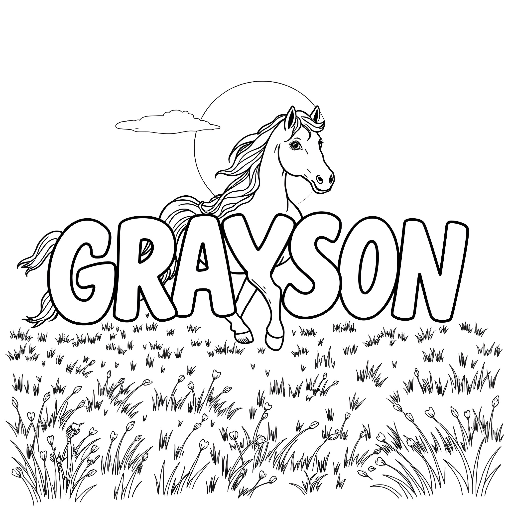 Grayson the horse galloping through the meadow Coloring Page (free black-and-white line drawing printable PDF for all, from beginners to advanced learners, including children, teens, adults, and seniors)